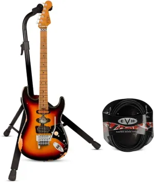 EVH Limited Edition Frankenstein Relic Series 6-String Right-Handed Electric Guitar with Basswood Body (Vintage Sunburst) Bundle with 14-Feet Copper Cable and Hanging Guitar Stand (Black) (3 Items)
