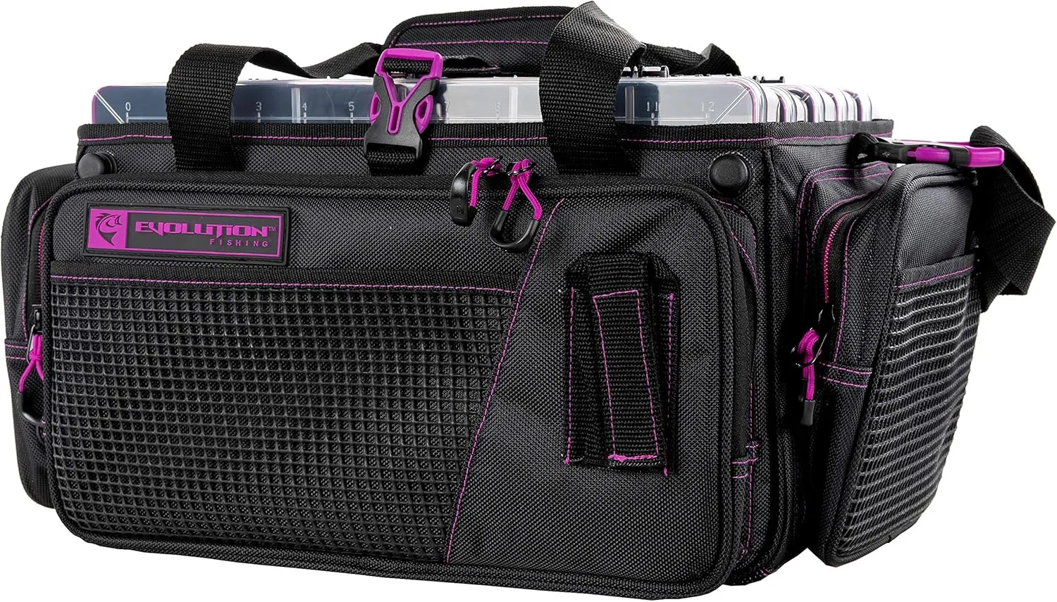 Evolution Outdoor Drift Series Topless Horizontal Tackle Bag – Outdoor Rucksack w/ 5 Fishing Tackle Trays, Padded Handle and Shoulder Strap, Plier Holster, Tackle Carrying Case