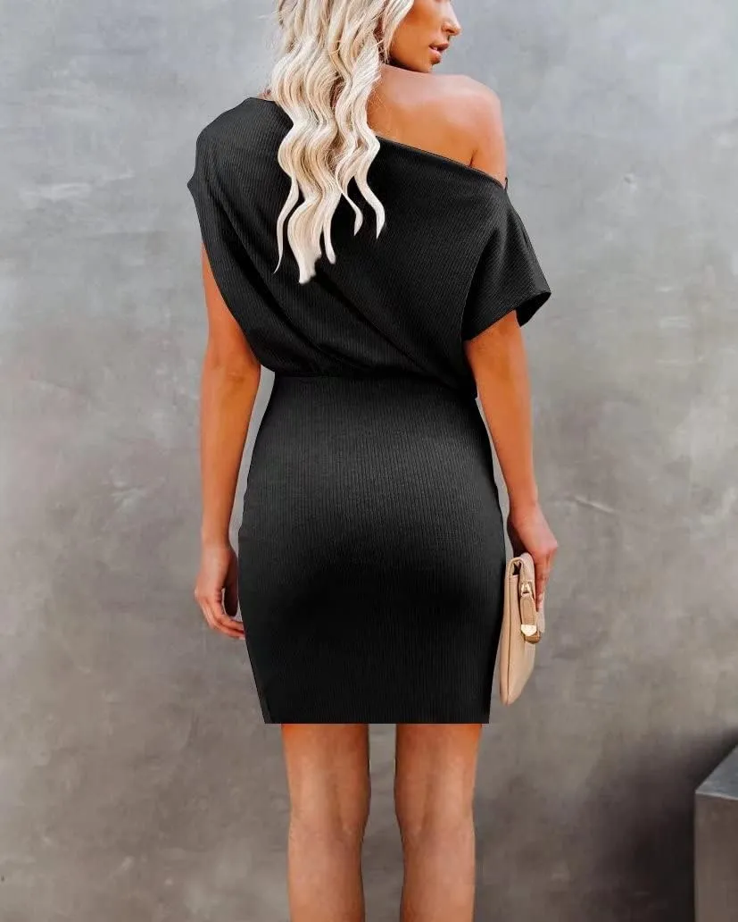 Ezbelle Women's Off The Shoulder Short Sleeve Ribbed Casual Summer HIPS-Wrapped Bodycon Party Mini Dress