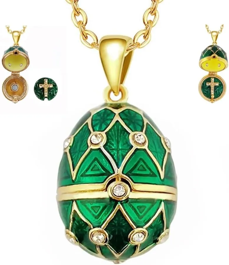 Faberge Easter Egg Movable Cross Necklace for Women, Commemorate Pendant Necklace Chain 18 2 Inches (Cross, Green, Little 0.85x0.6 Inches)