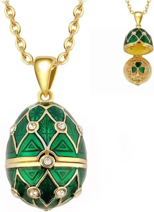 Faberge Easter Egg Necklace for Women Clover Locket Lucky Pendant Necklaces Chain 18 2 Inches (Clover, Green, Little 0.85x0.6inches)