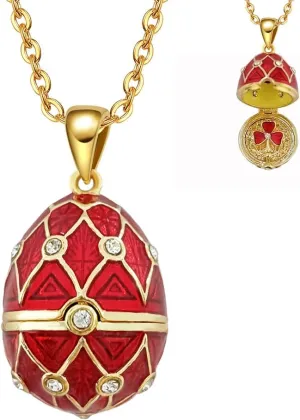 Faberge Easter Egg Necklace for Women Clover Locket Lucky Pendant Necklaces Chain 18 2 Inches (Clover, Red, Little 0.85x0.6inches)