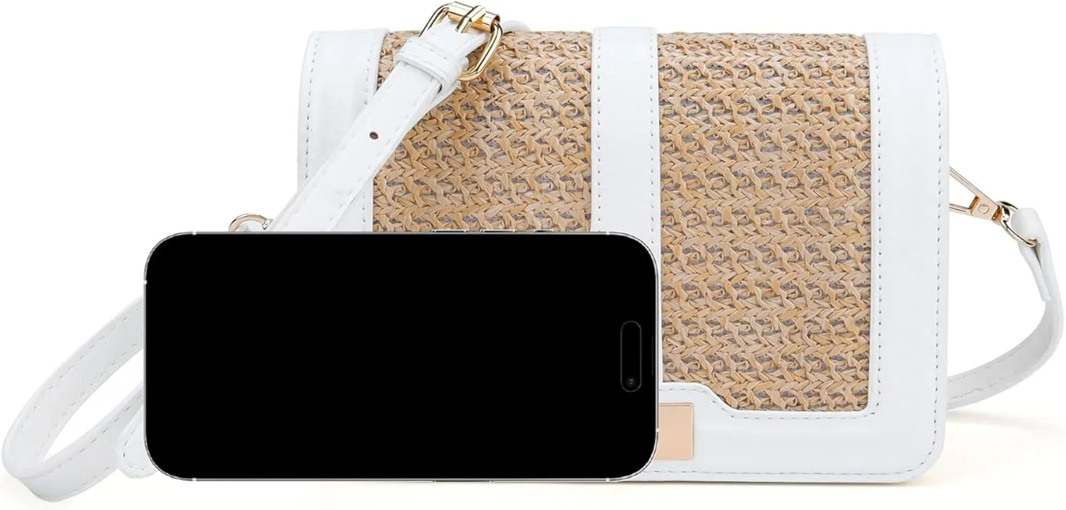 FALETO Straw Crossbody Bags for Women Summer Leather Stitching Straw Flap Bag Handbag Shoulder Clutch Purse