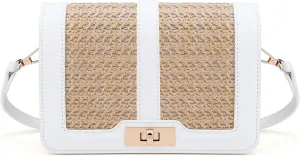 FALETO Straw Crossbody Bags for Women Summer Leather Stitching Straw Flap Bag Handbag Shoulder Clutch Purse
