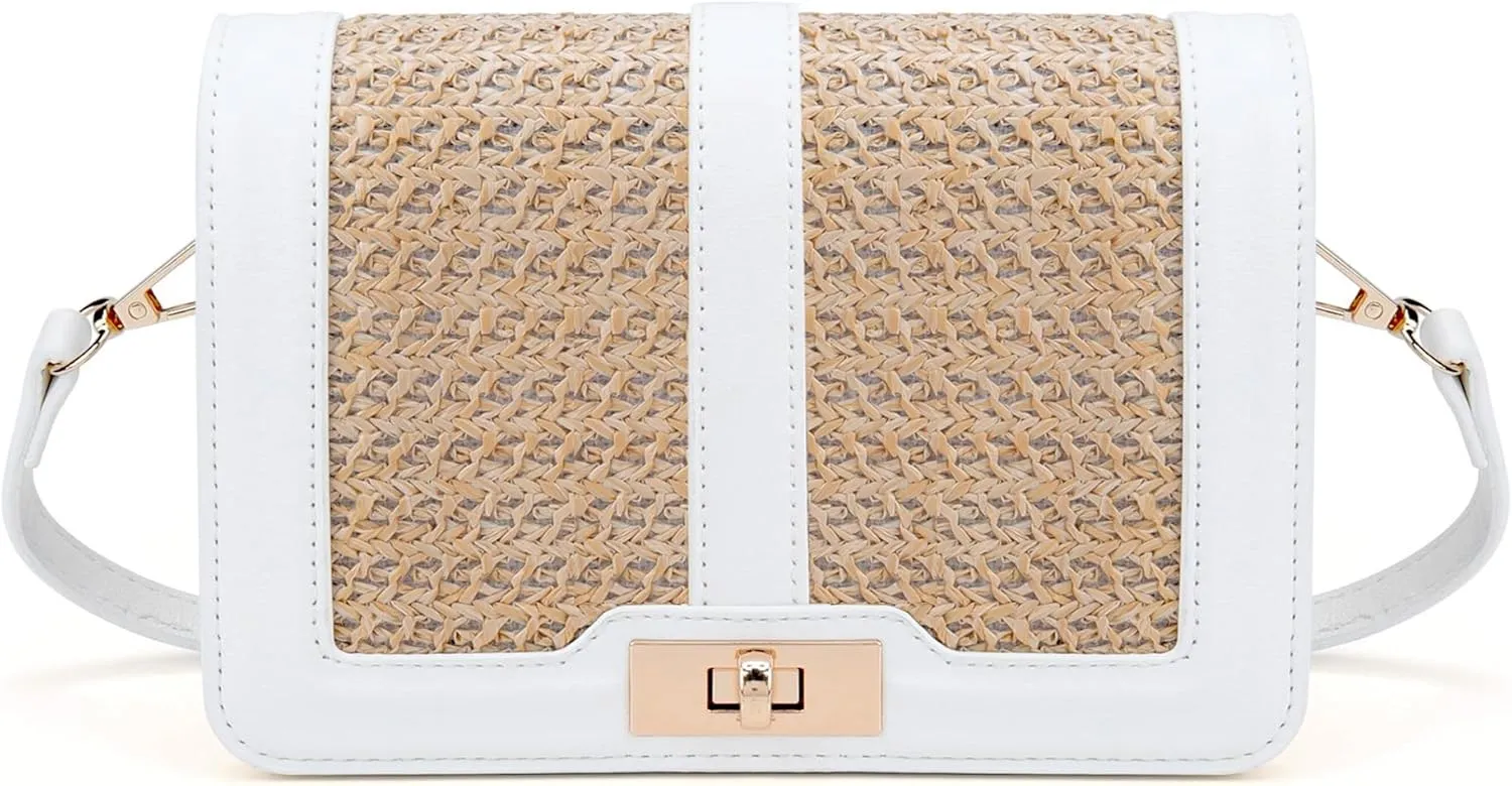 FALETO Straw Crossbody Bags for Women Summer Leather Stitching Straw Flap Bag Handbag Shoulder Clutch Purse