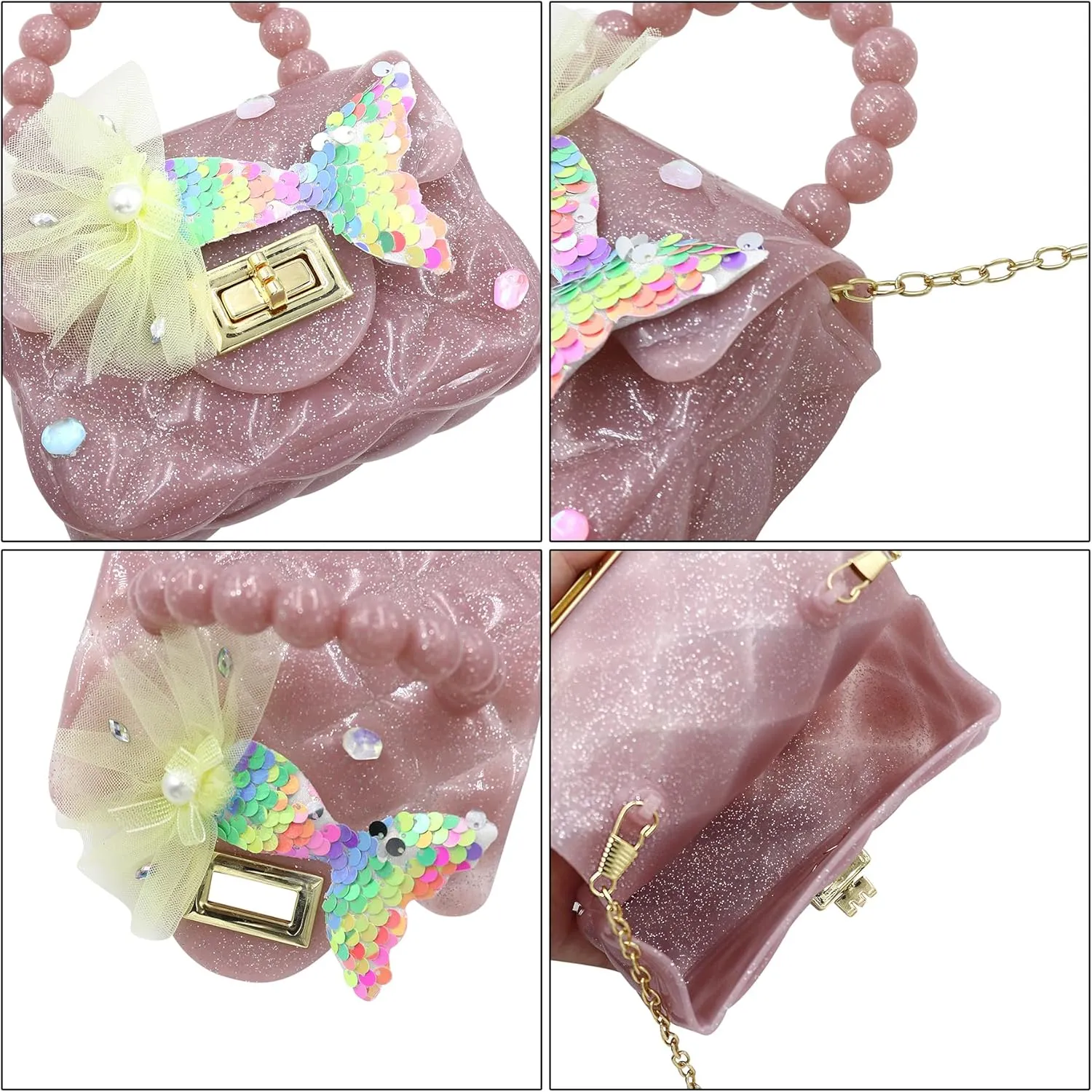 Fashion Candy Color Handbag Satchel Mini Pink Jelly Purse Jelly Shoulder Bag Crossbody Purse with Mermaid Sacles Tail(Small)