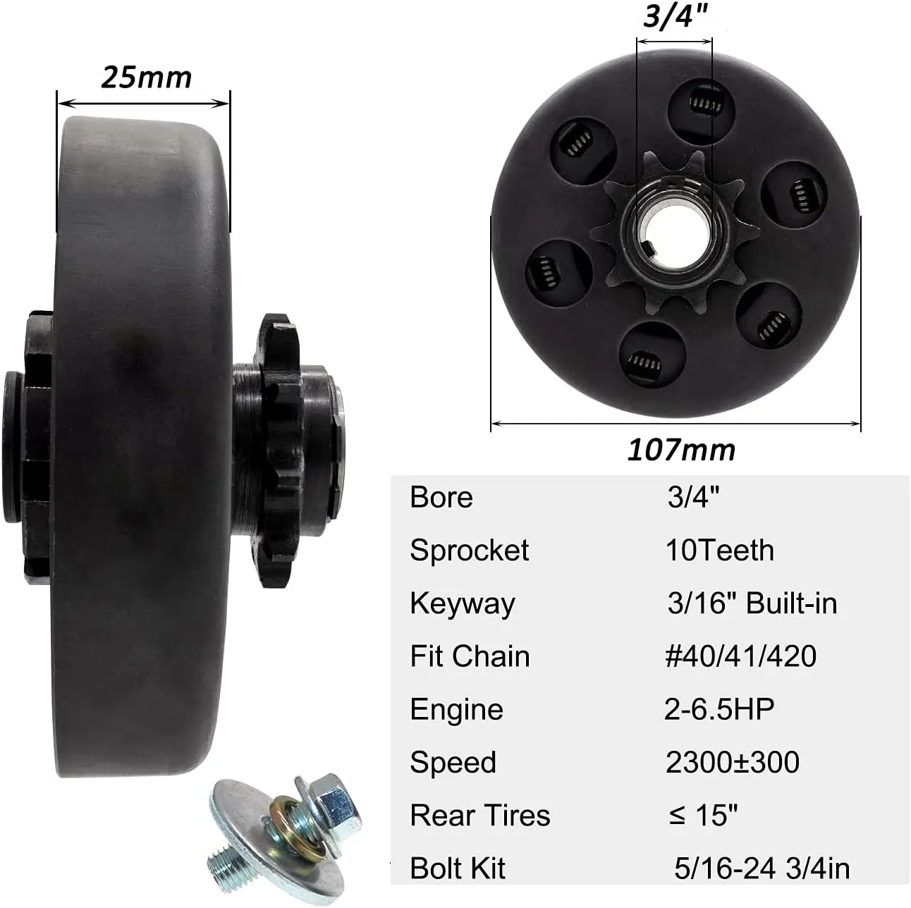 FDJ Centrifugal Clutch 3/4 10 Tooth 212cc Predator Engine Go Kart Clutch with Bolt and Washer Kit