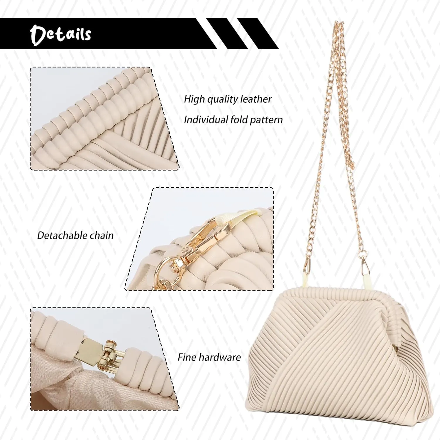 Fecialy Ruched Clutch Purse for Women Formal PU Leather Evening Bag Soft Pleated Handbags with Chain Crossbody Bag
