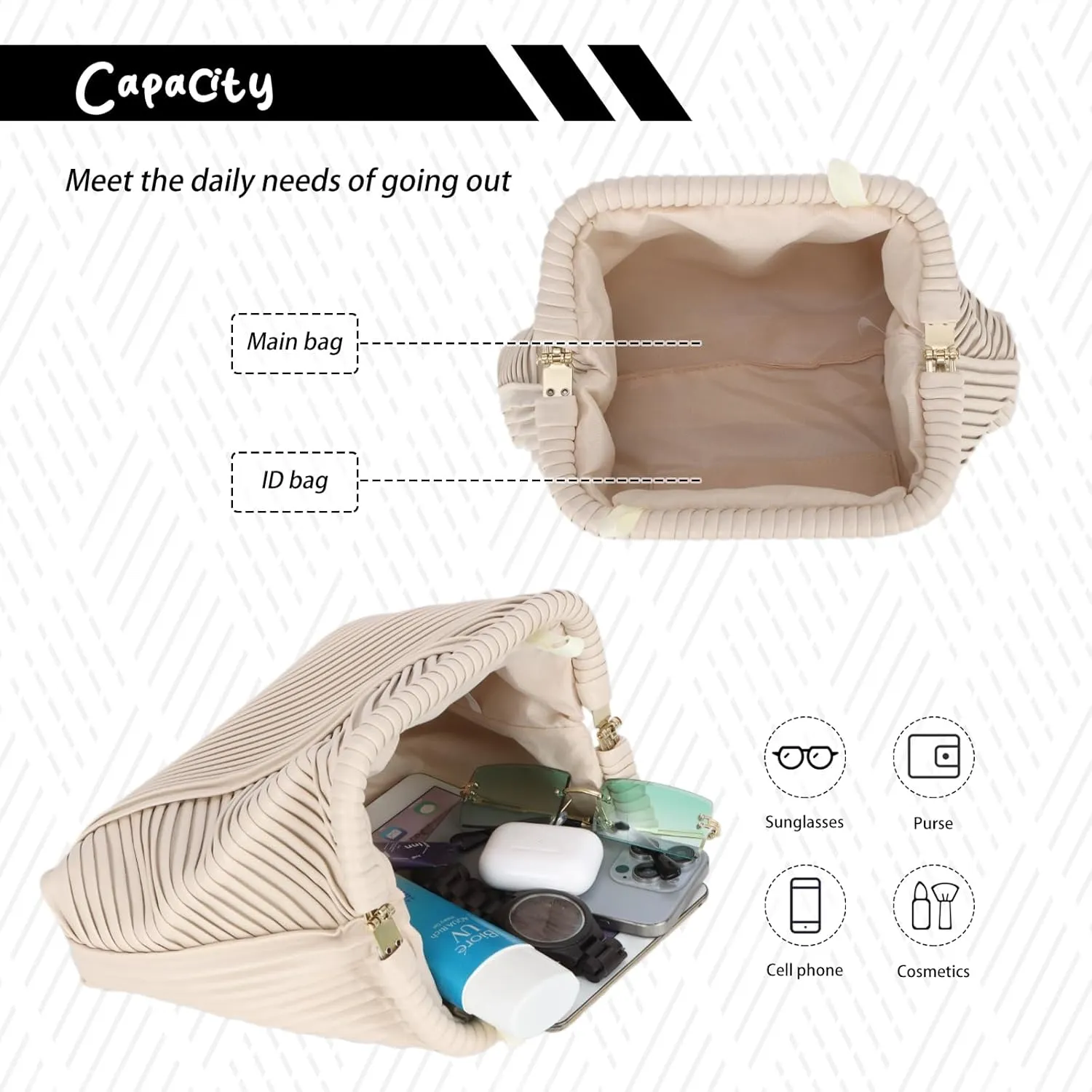 Fecialy Ruched Clutch Purse for Women Formal PU Leather Evening Bag Soft Pleated Handbags with Chain Crossbody Bag