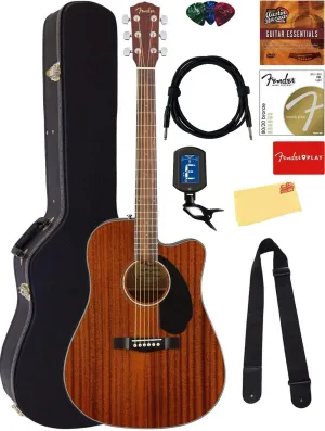 Fender CD-60SCE Solid Top Dreadnought Acoustic-Electric Guitar - All Mahogany Bundle with Hard Case, Instrument Cable, Tuner, Strap, Strings, Picks, Polishing Cloth and Austin Bazaar Instructional DVD