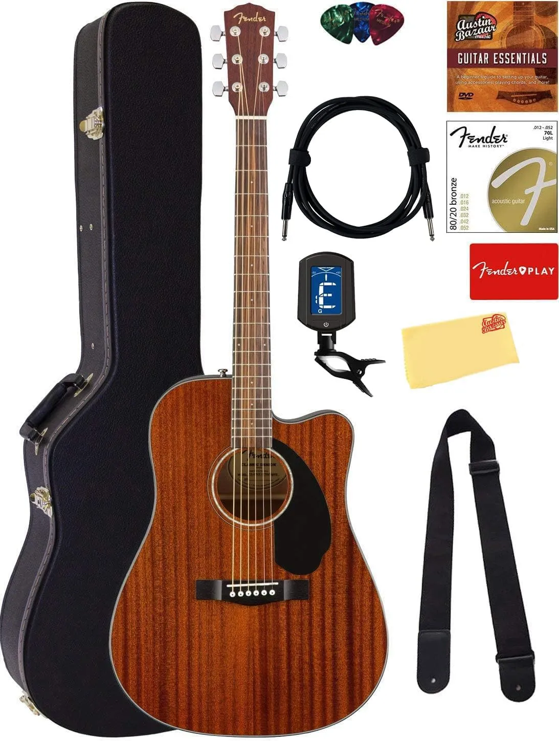 Fender CD-60SCE Solid Top Dreadnought Acoustic-Electric Guitar - All Mahogany Bundle with Hard Case, Instrument Cable, Tuner, Strap, Strings, Picks, Polishing Cloth and Austin Bazaar Instructional DVD