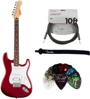 Fender Standard Stratocaster HSS Electric Guitar Candy Cola Bundle with Fender Classic Guitar Picks 12-Pack, 10ft Series Instrument Cable Black, Logo Guitar Strap 2in Black with White