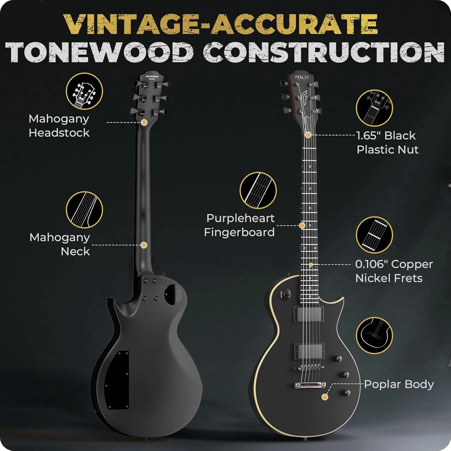Fesley 39" LP Electric Guitar Kit: Full Size Solid Body Electric Guitars for Beginners with Humbucker Pickups, Poplar Body, Mahogany Neck,22 Frets,6 String Guitar with Gig Bag,Cable,FLP350,Matte,Black