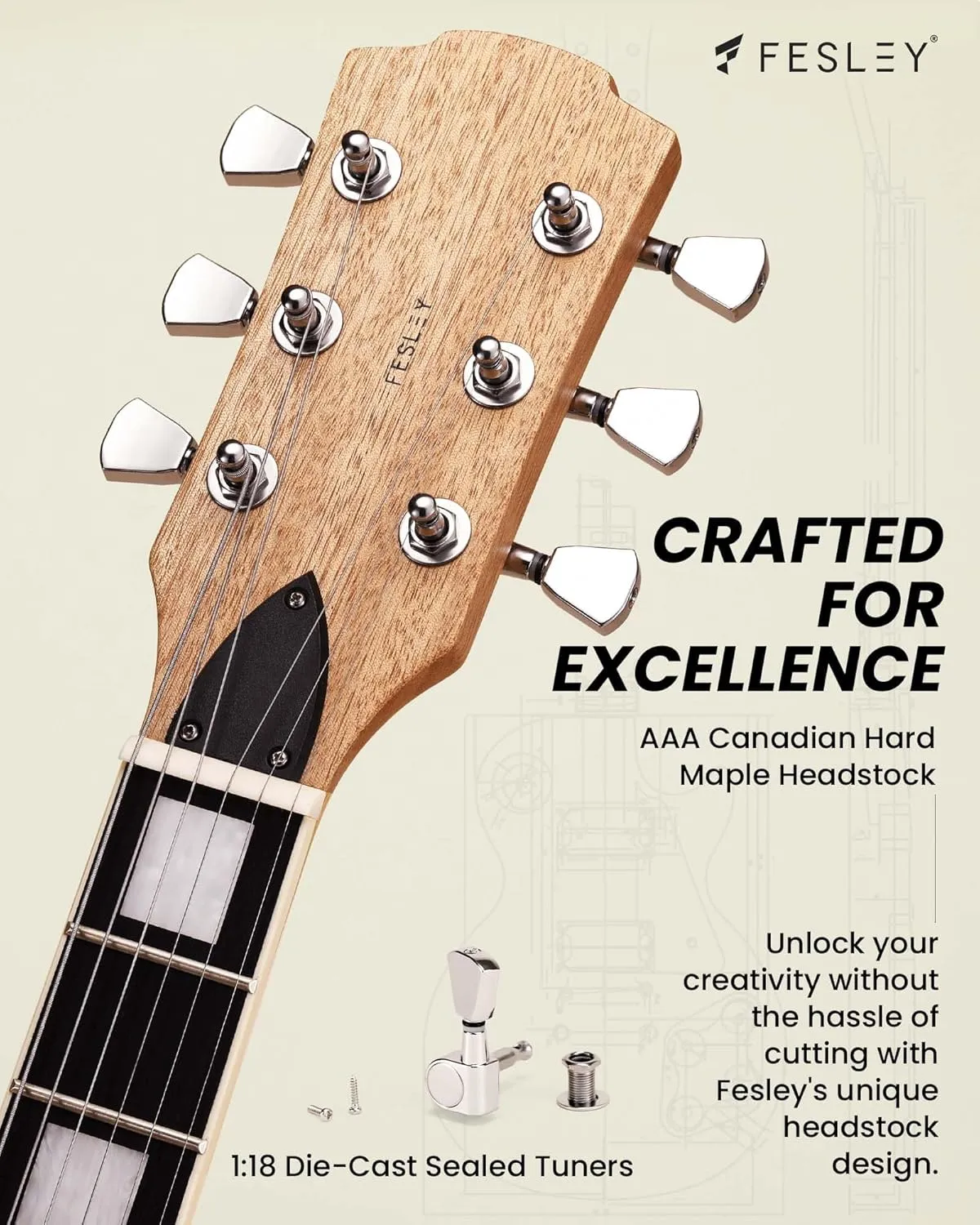 Fesley DIY LP Style Electric Guitar with Mahogany Wood Body/Neck, 6 String, Techwood Fretboard, H-H Pickups, Flamed Maple Veneer Top, Build Your Own Guitar Kit - Natural