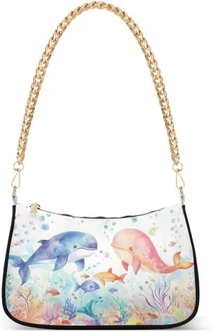 Fish Coral Reef Whale Tote Bag Hobo Handbag for Women Ladies Shoulder Bag Mini Clutch Purse with Zipper Closure