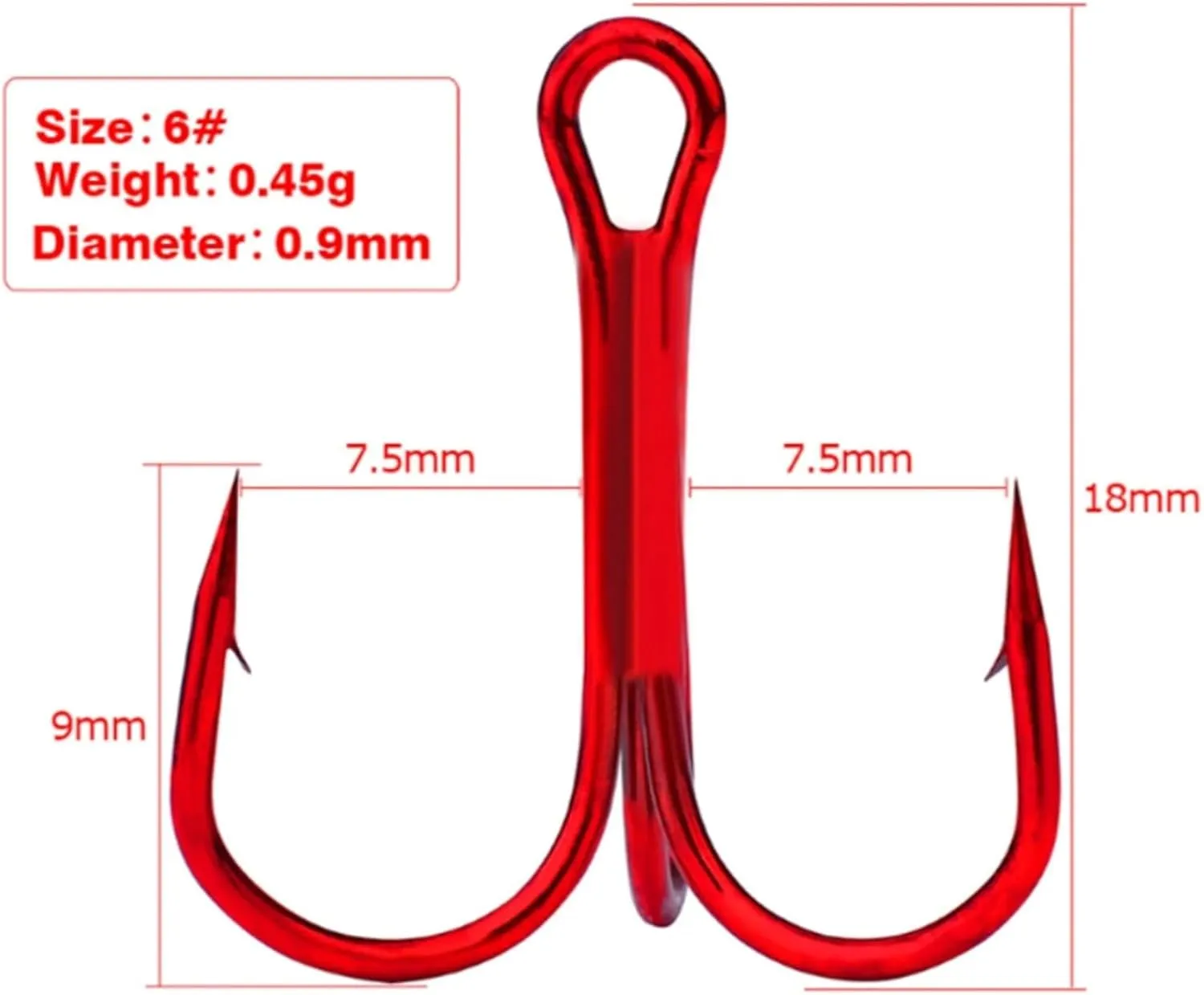 Fish Hooks 10pcs Three Hook Red Nickel Color Fishhook Fishing Hook High Carbon Steel Treble Hooks Fishing Tackle for Riverside, 6, Black