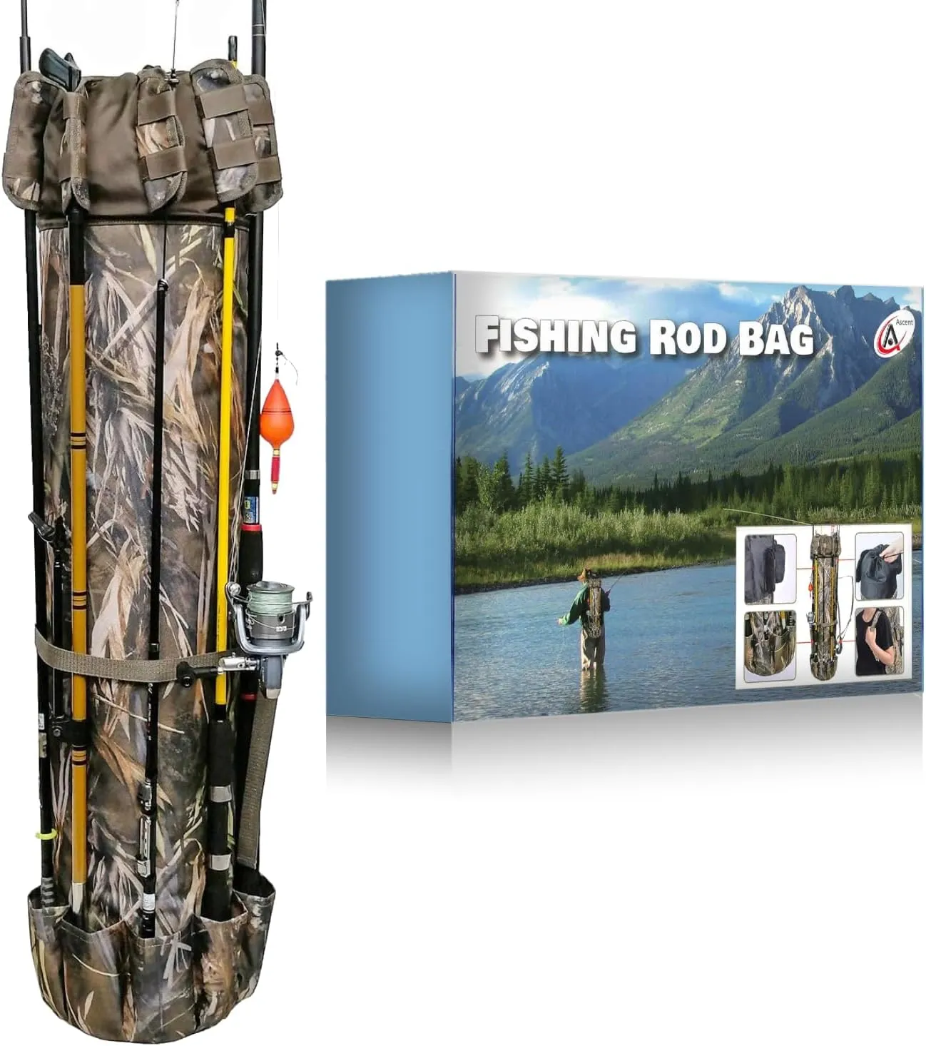 Fisherman's Gift Fishing Rod Bag - Reel Organizer Carrier and Tackle Bag in Gift Box - Bag for Fishing Trip, Holds Five Poles and Tackle, Christmas Gift for Fisher Men, Women, Dads, Boys (Camo)