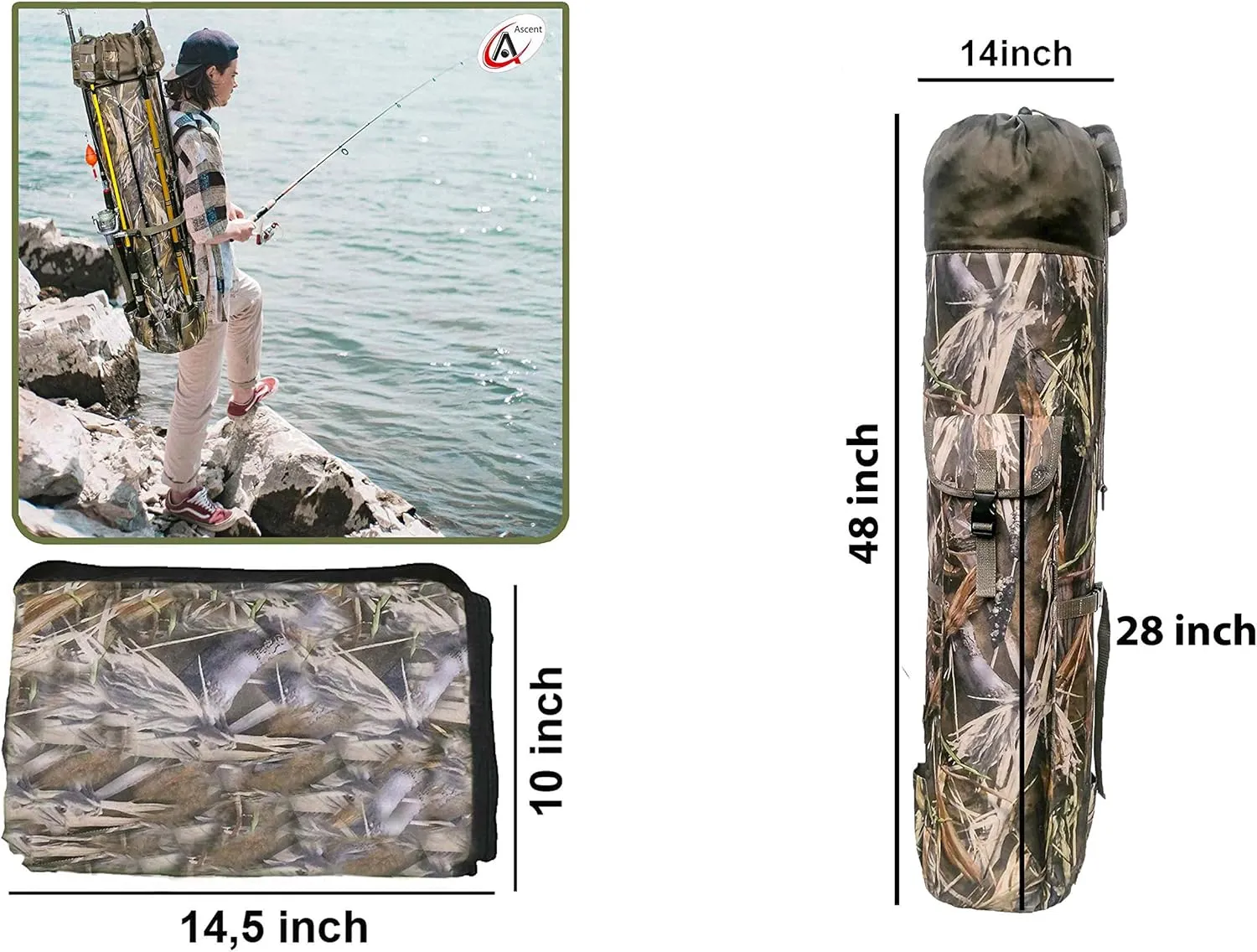 Fisherman's Gift Fishing Rod Bag - Reel Organizer Carrier and Tackle Bag in Gift Box - Bag for Fishing Trip, Holds Five Poles and Tackle, Christmas Gift for Fisher Men, Women, Dads, Boys (Camo)