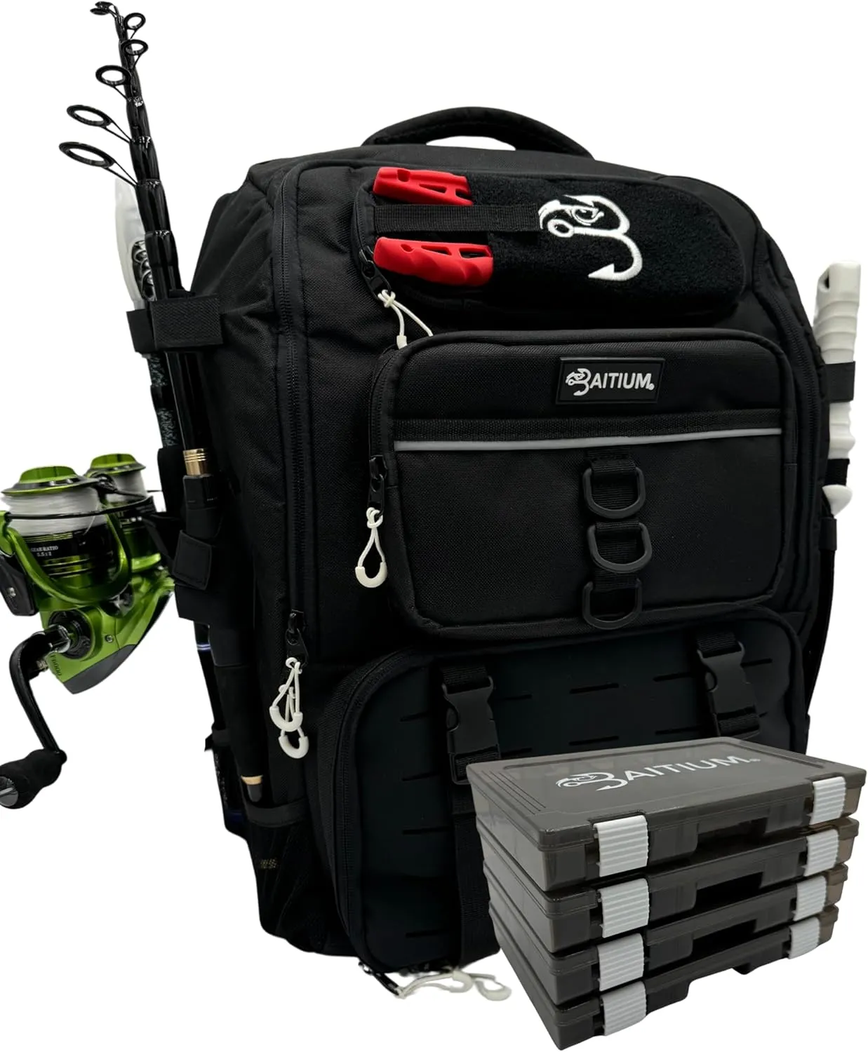 Fishing Backpack, Tackle Bag With Rod Holders, 40L Capacity With Cooler, Rain Cover, Insulated Pocket, 4 Tackle Trays Included (Jet Black)
