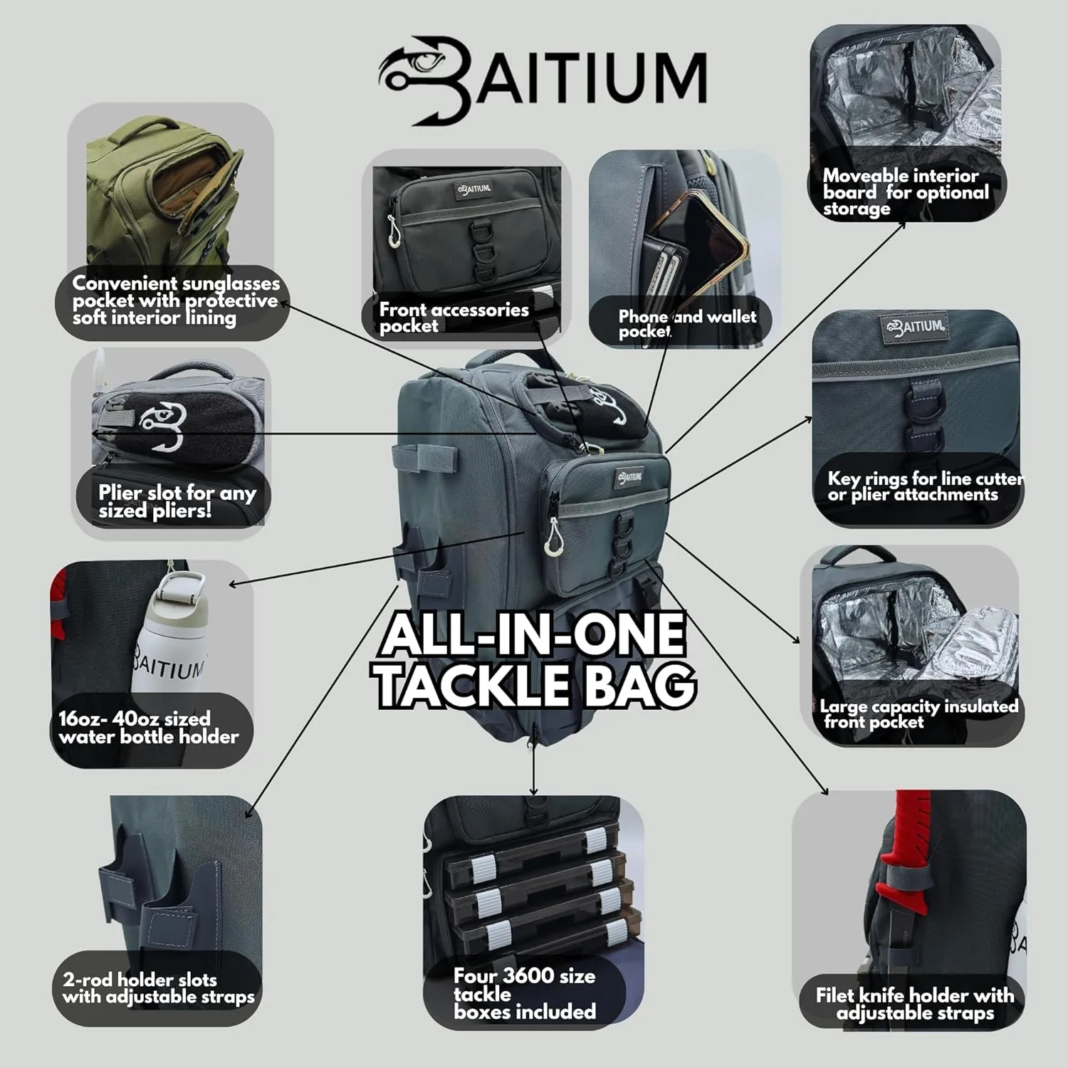 Fishing Backpack, Tackle Bag With Rod Holders, 40L Capacity With Cooler, Rain Cover, Insulated Pocket, 4 Tackle Trays Included (Jet Black)