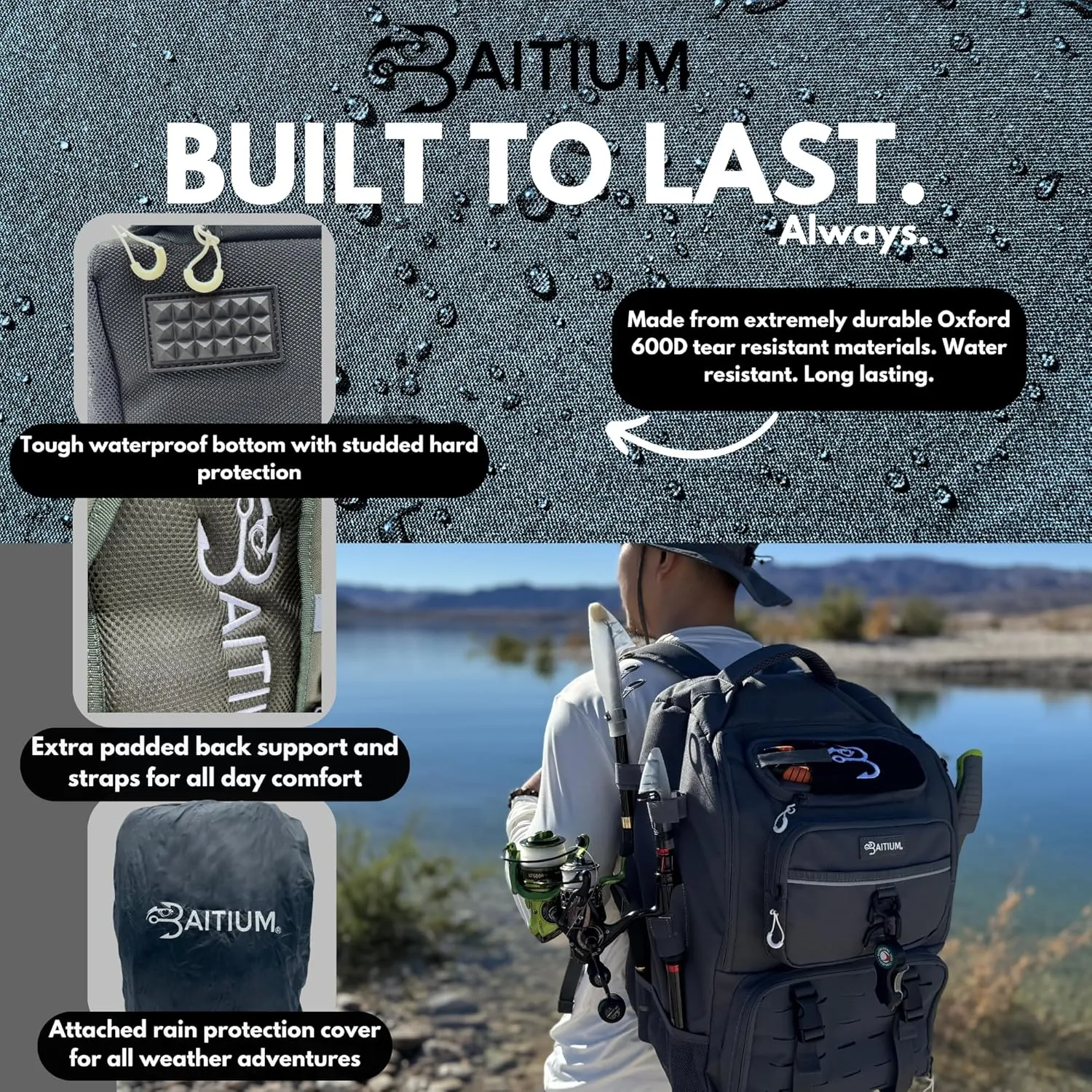 Fishing Backpack, Tackle Bag With Rod Holders, 40L Capacity With Cooler, Rain Cover, Insulated Pocket, 4 Tackle Trays Included (Jet Black)