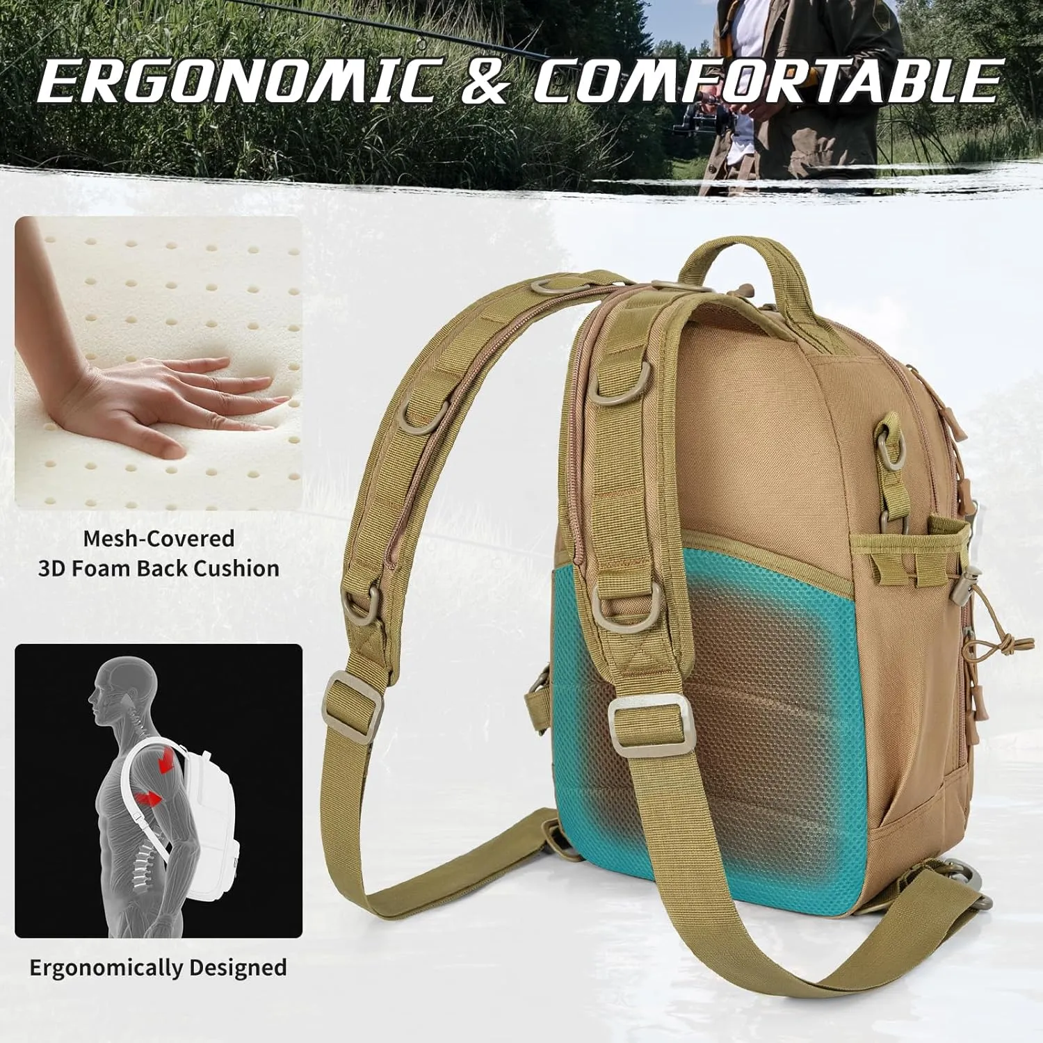 Fishing Backpack Tackle Sling Bag, Tactical Fishing Tackle Backpack with Rod & Gear Holder, Outdoor Fishing Pack Shoulder Bag