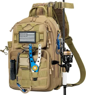 Fishing Backpack Tackle Sling Bag, Tactical Fishing Tackle Backpack with Rod & Gear Holder, Outdoor Fishing Pack Shoulder Bag
