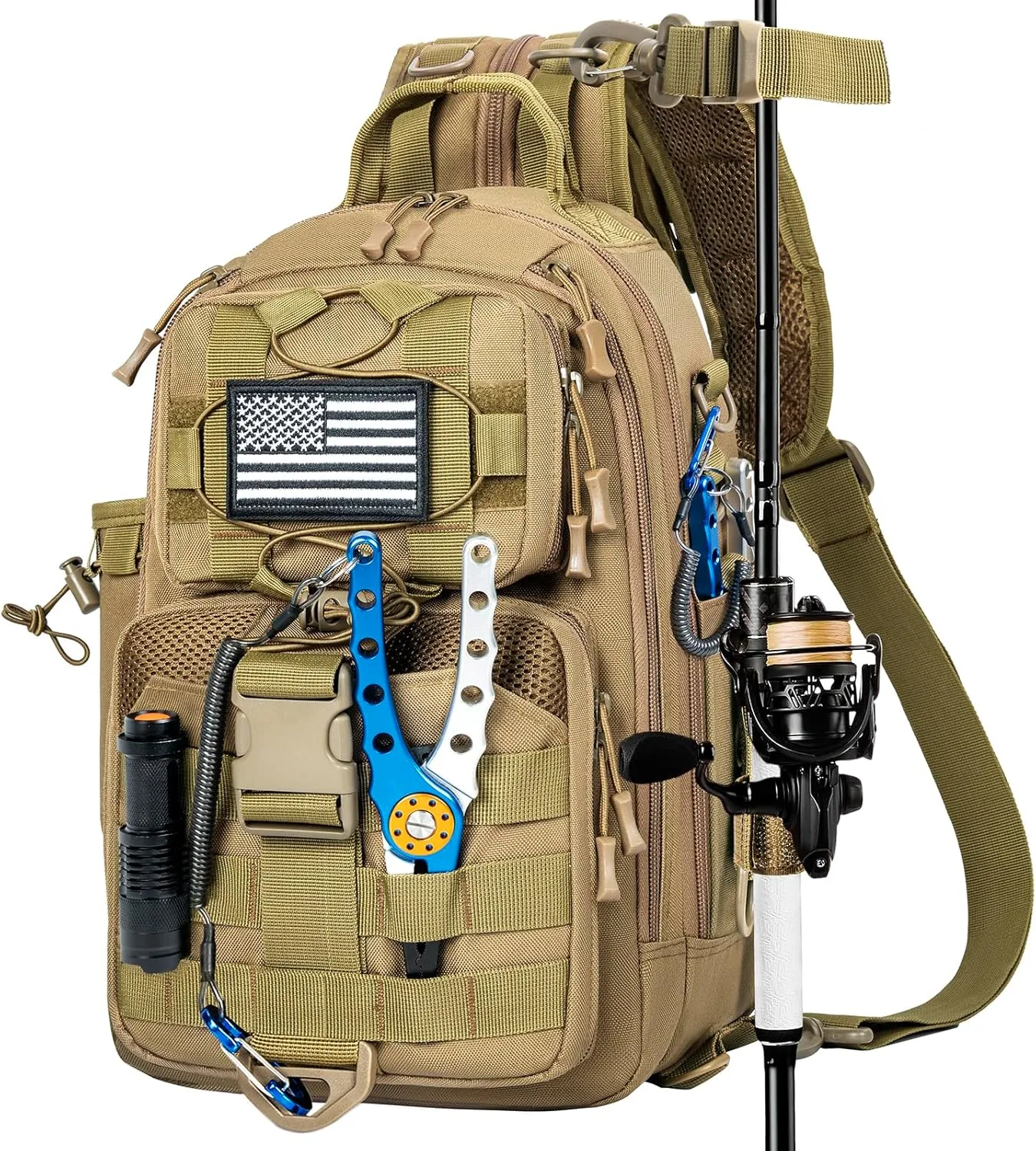 Fishing Backpack Tackle Sling Bag, Tactical Fishing Tackle Backpack with Rod & Gear Holder, Outdoor Fishing Pack Shoulder Bag