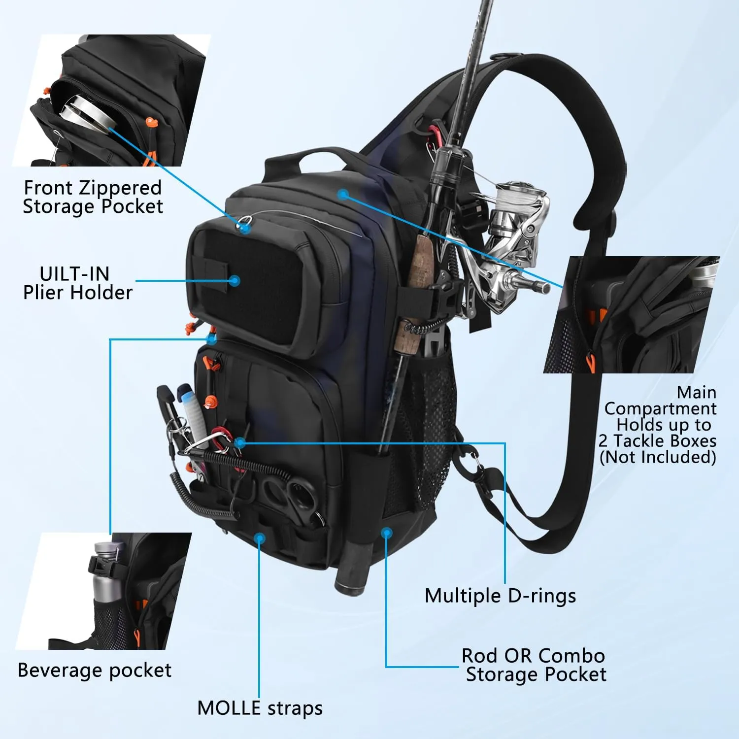 Fishing Backpack Tackle Storage Bag with Rod Holder,Lightweight Outdoor Water-Resistant Fish Shoulder Storage Bag for Fishing, Hunting,Camping and Hiking (Black)