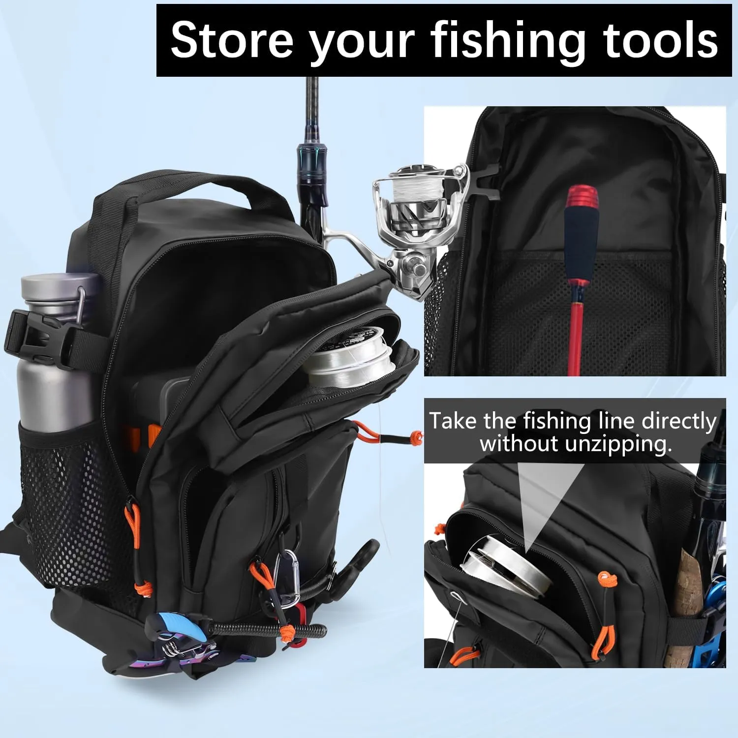 Fishing Backpack Tackle Storage Bag with Rod Holder,Lightweight Outdoor Water-Resistant Fish Shoulder Storage Bag for Fishing, Hunting,Camping and Hiking (Black)