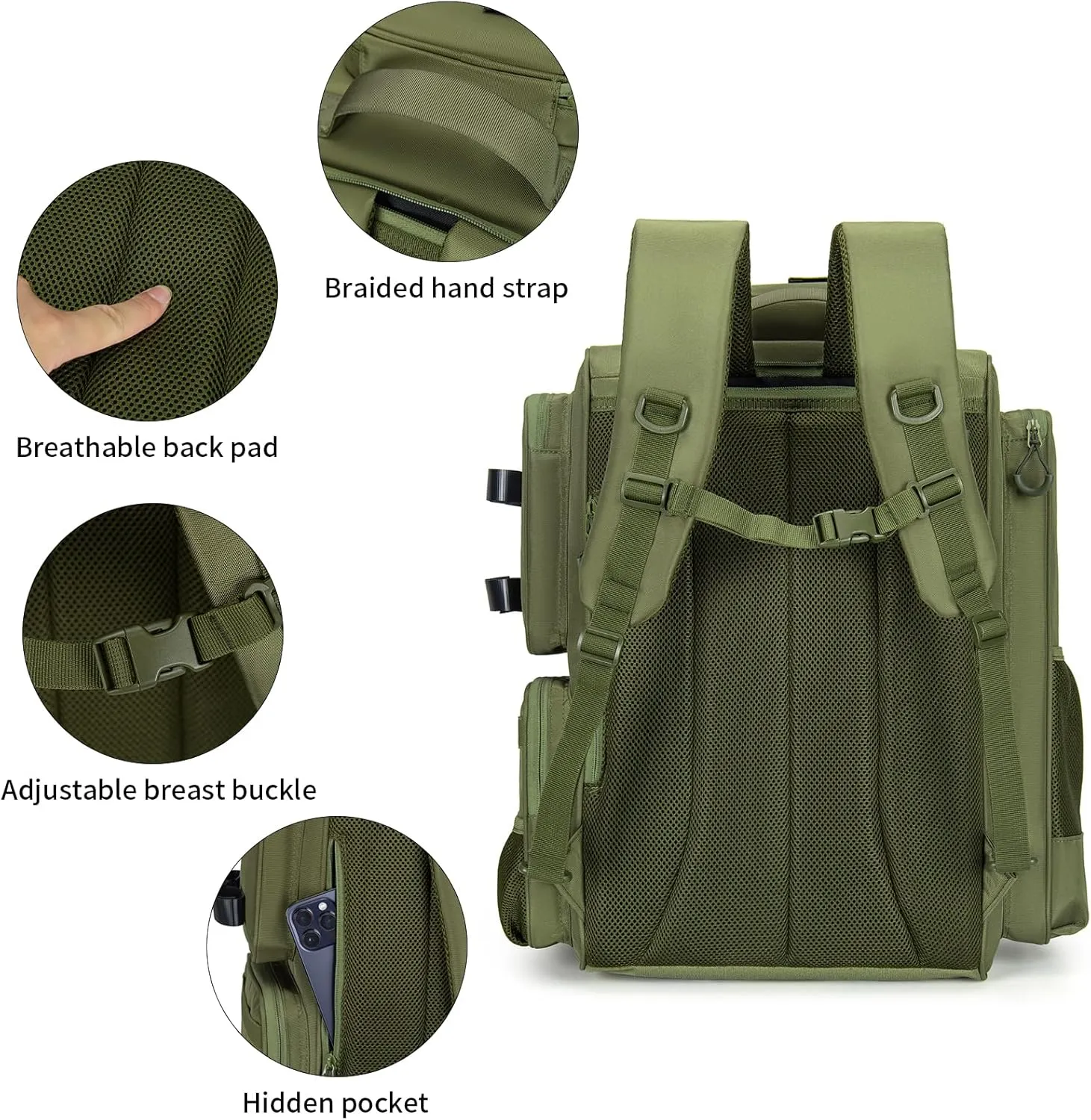 Fishing Backpack with Rod Holders, 42L Waterproof Fishing Tackle Backpack Fishing Bag with Hidden Shoulder Straps