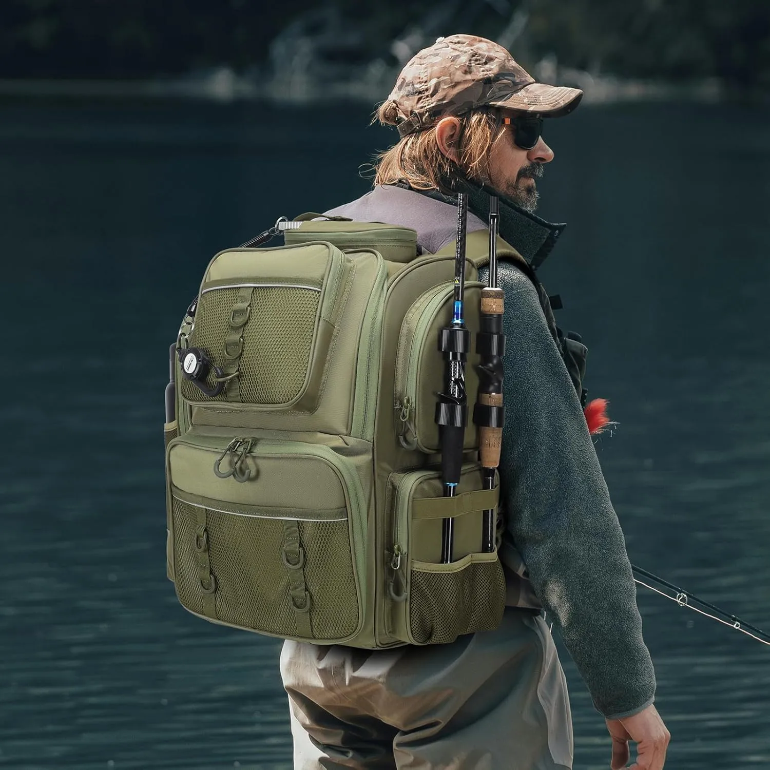 Fishing Backpack with Rod Holders, 42L Waterproof Fishing Tackle Backpack Fishing Bag with Hidden Shoulder Straps