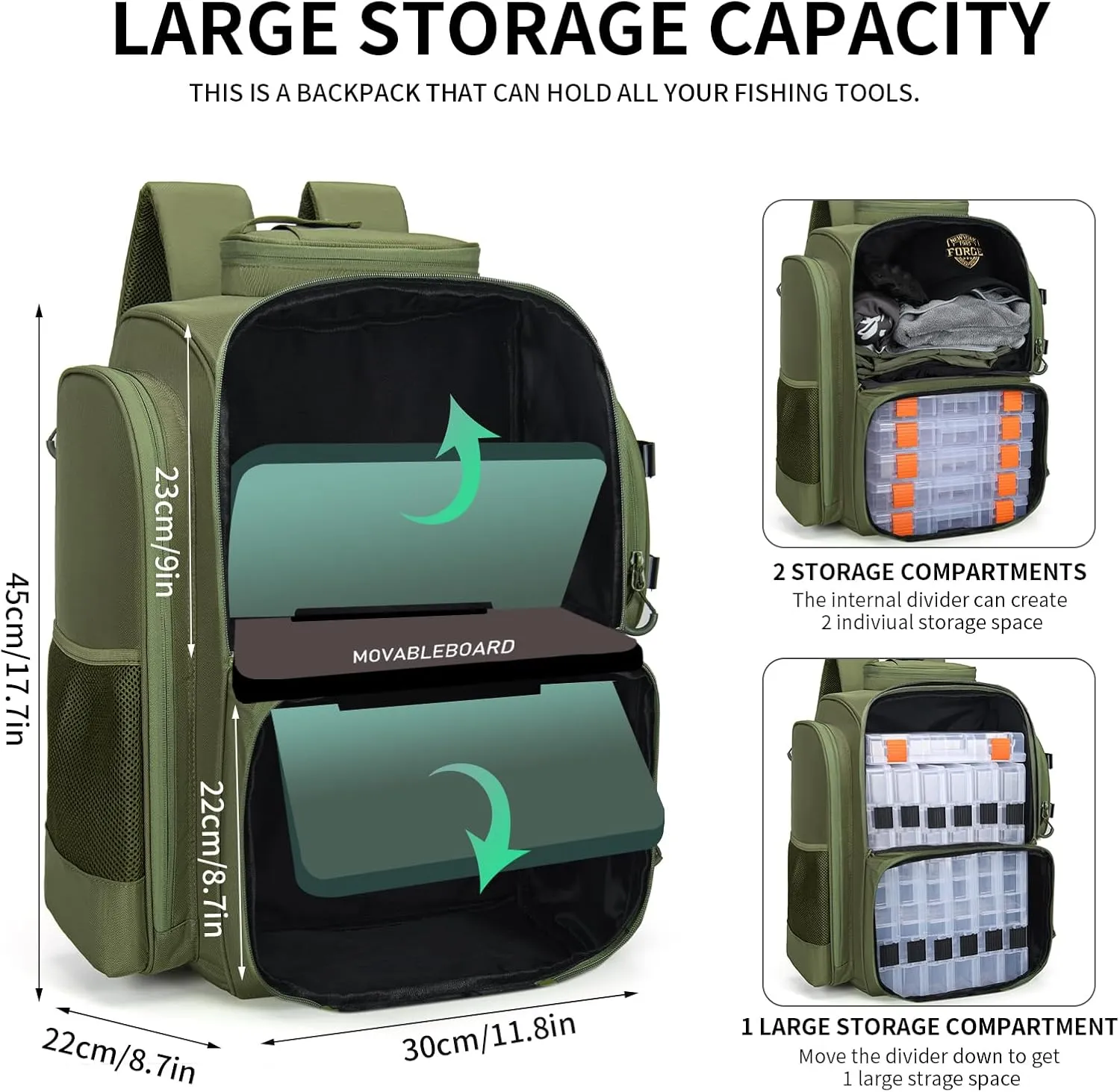 Fishing Backpack with Rod Holders, 42L Waterproof Fishing Tackle Backpack Fishing Bag with Hidden Shoulder Straps