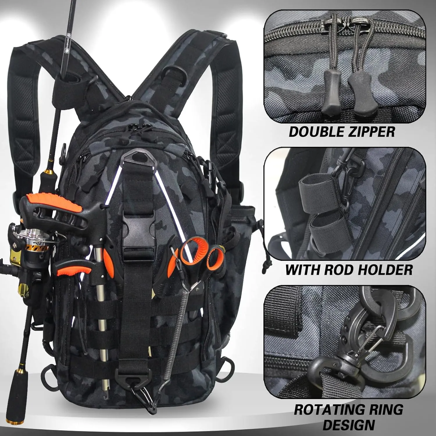 Fishing Backpack,Lightweight Fishing Sling Bag Plenty Storage Space Tackle Box Backpack with Rod Holder Fly Fishing Gifts for Men and Women,Black and white