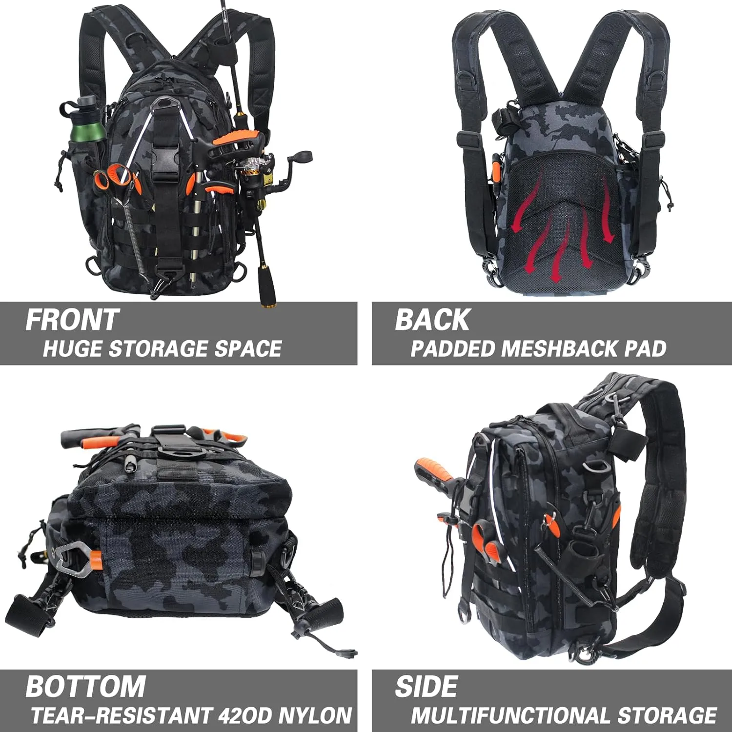 Fishing Backpack,Lightweight Fishing Sling Bag Plenty Storage Space Tackle Box Backpack with Rod Holder Fly Fishing Gifts for Men and Women,Black and white