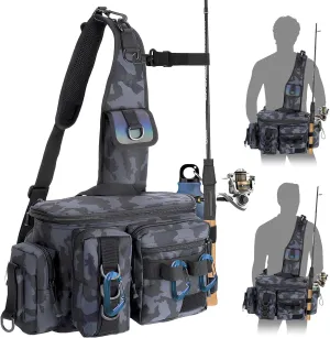 Fishing Bag, Fishing Tackle Storage Bag Chest Pack Rod Holder Shoulder Pack & Waist Bag Organizer with Belt & Shoulder Strap, Colorful Reflective Stripes for Hiking Fishing Camping (Black Camouflage)