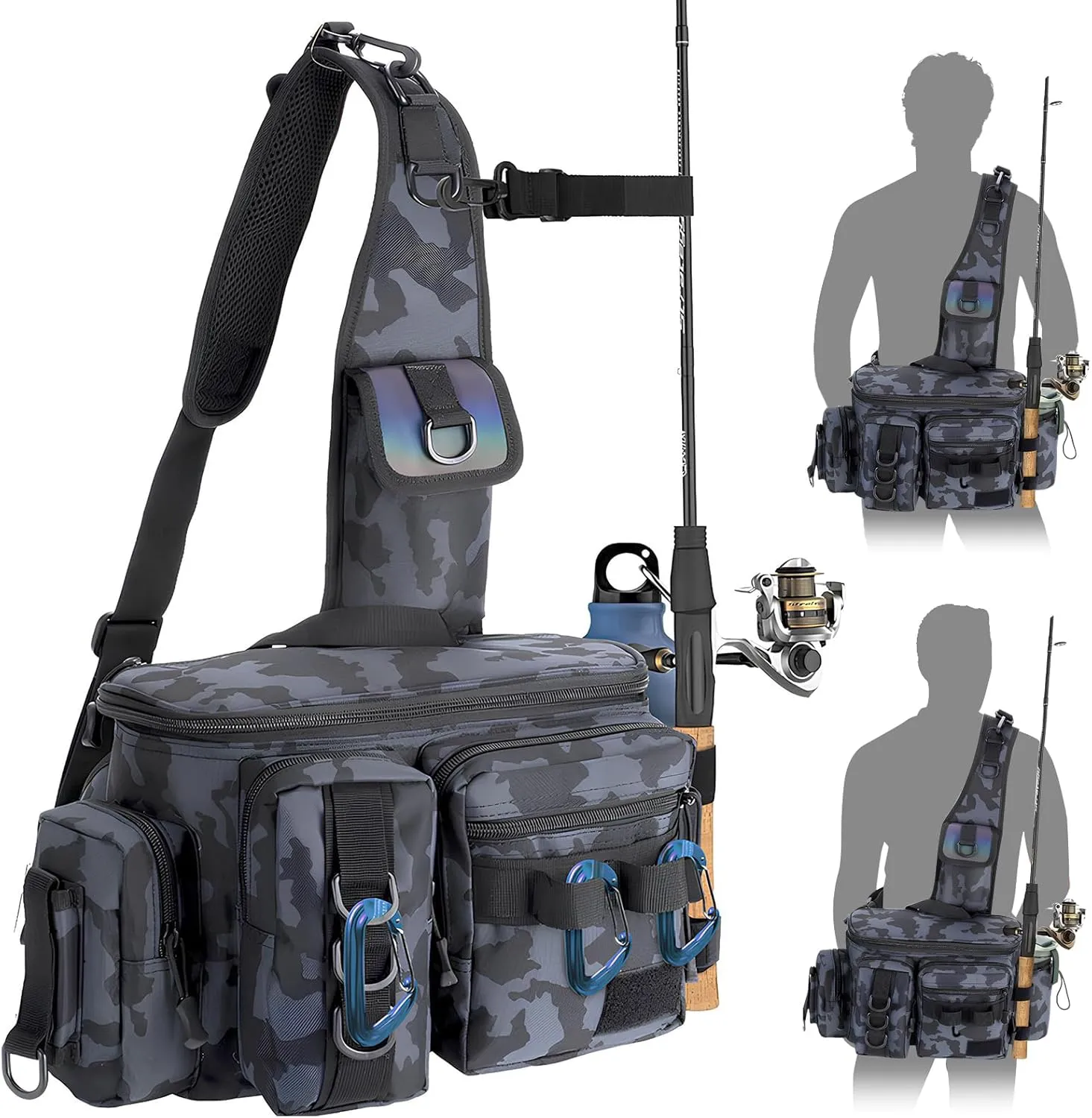 Fishing Bag, Fishing Tackle Storage Bag Chest Pack Rod Holder Shoulder Pack & Waist Bag Organizer with Belt & Shoulder Strap, Colorful Reflective Stripes for Hiking Fishing Camping (Black Camouflage)