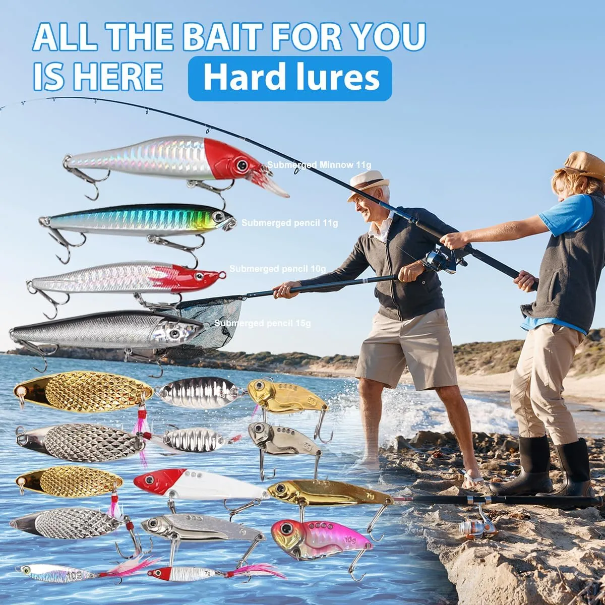 Fishing Lures Kit Tackle Box Crankbaits Spoon Hooks Weights Braided Fishing Line Shing Pliers Hook Removers Fishing Bait Lure Gear Kit Gift for Men Bass Freshwater