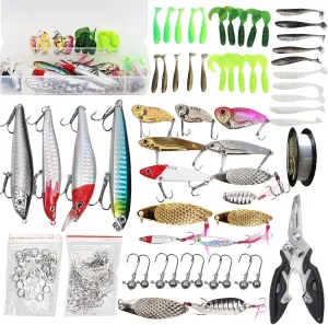 Fishing Lures Kit Tackle Box Crankbaits Spoon Hooks Weights Braided Fishing Line Shing Pliers Hook Removers Fishing Bait Lure Gear Kit Gift for Men Bass Freshwater