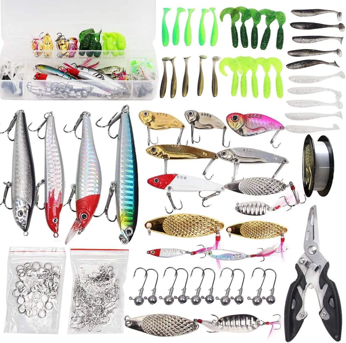 Fishing Lures Kit Tackle Box Crankbaits Spoon Hooks Weights Braided Fishing Line Shing Pliers Hook Removers Fishing Bait Lure Gear Kit Gift for Men Bass Freshwater