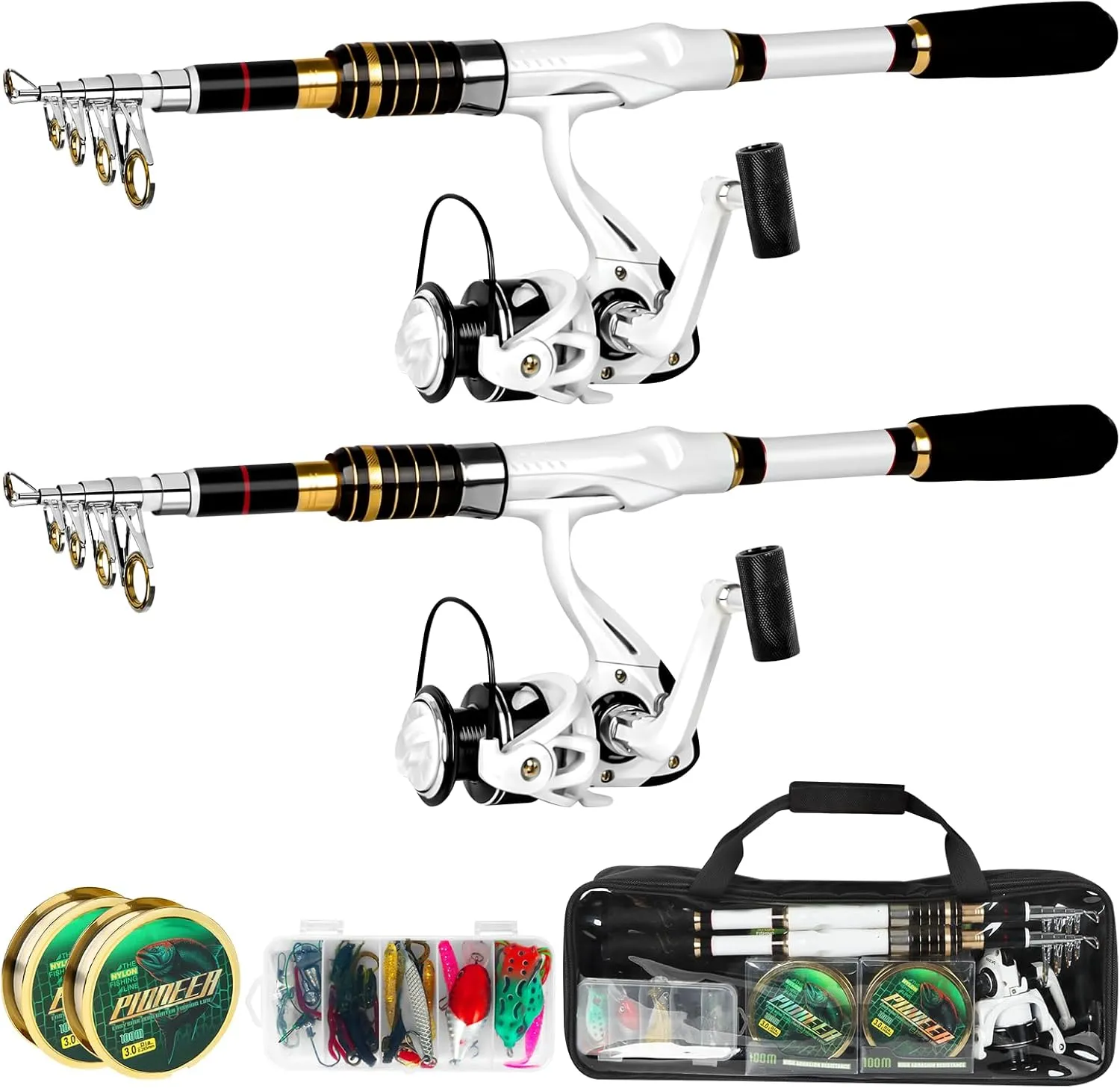 Fishing Rod and Reel Combo, 2PCS Telescopic Fishing Pole Combo White Spinning Reels Lures Set Fishing Line Carrier Bag for Travel Saltwater Freshwater Fishing Collapsible Fishing Kits