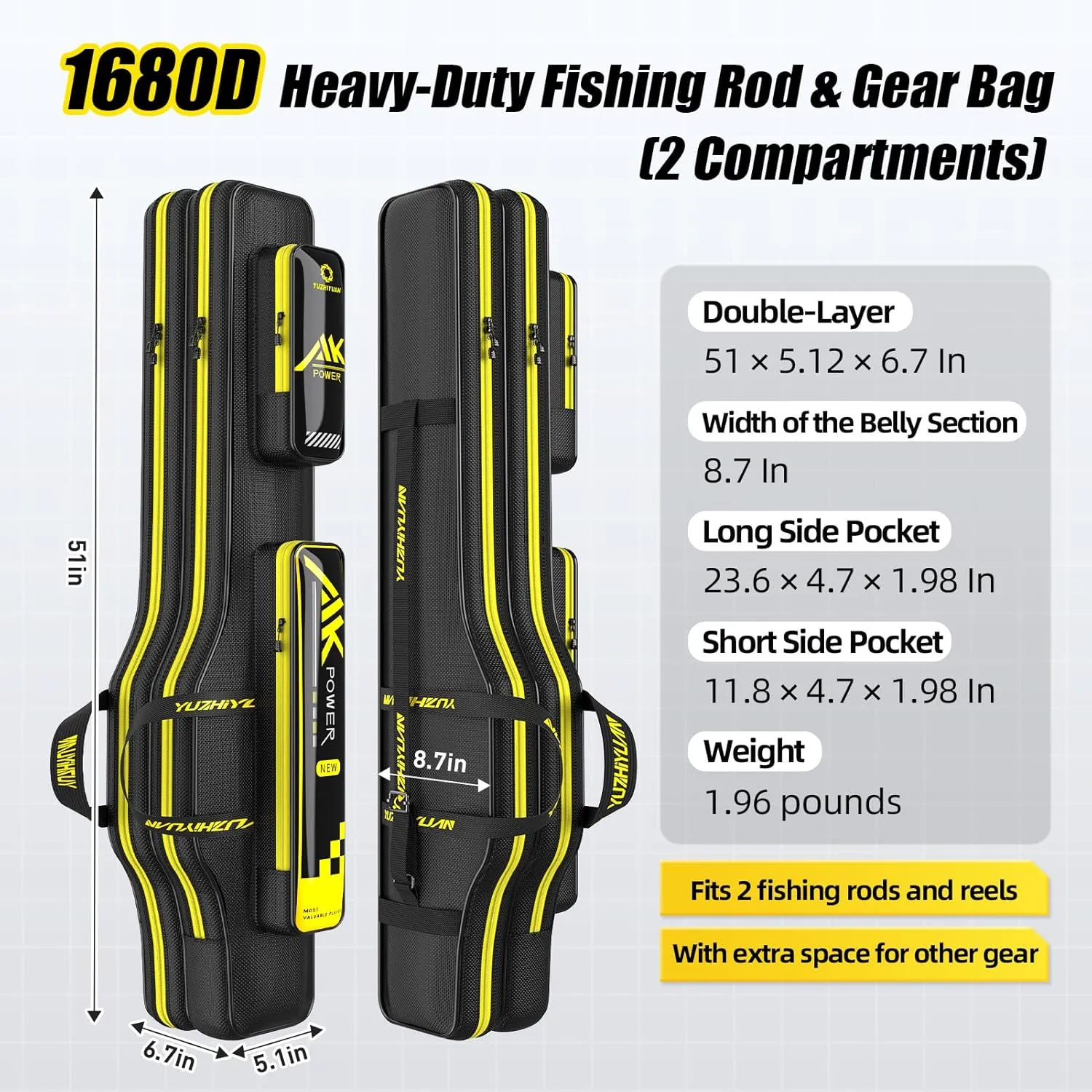 Fishing Rod Case Double-Layer 1680D Heavyweight Oxford Fishing Pole Case & Bag Wire-Reinforced Non-Deforming Frame Quick-Access Compartments Anti-Sag Structure Fishing Rod Bag Fishing Gift for Men
