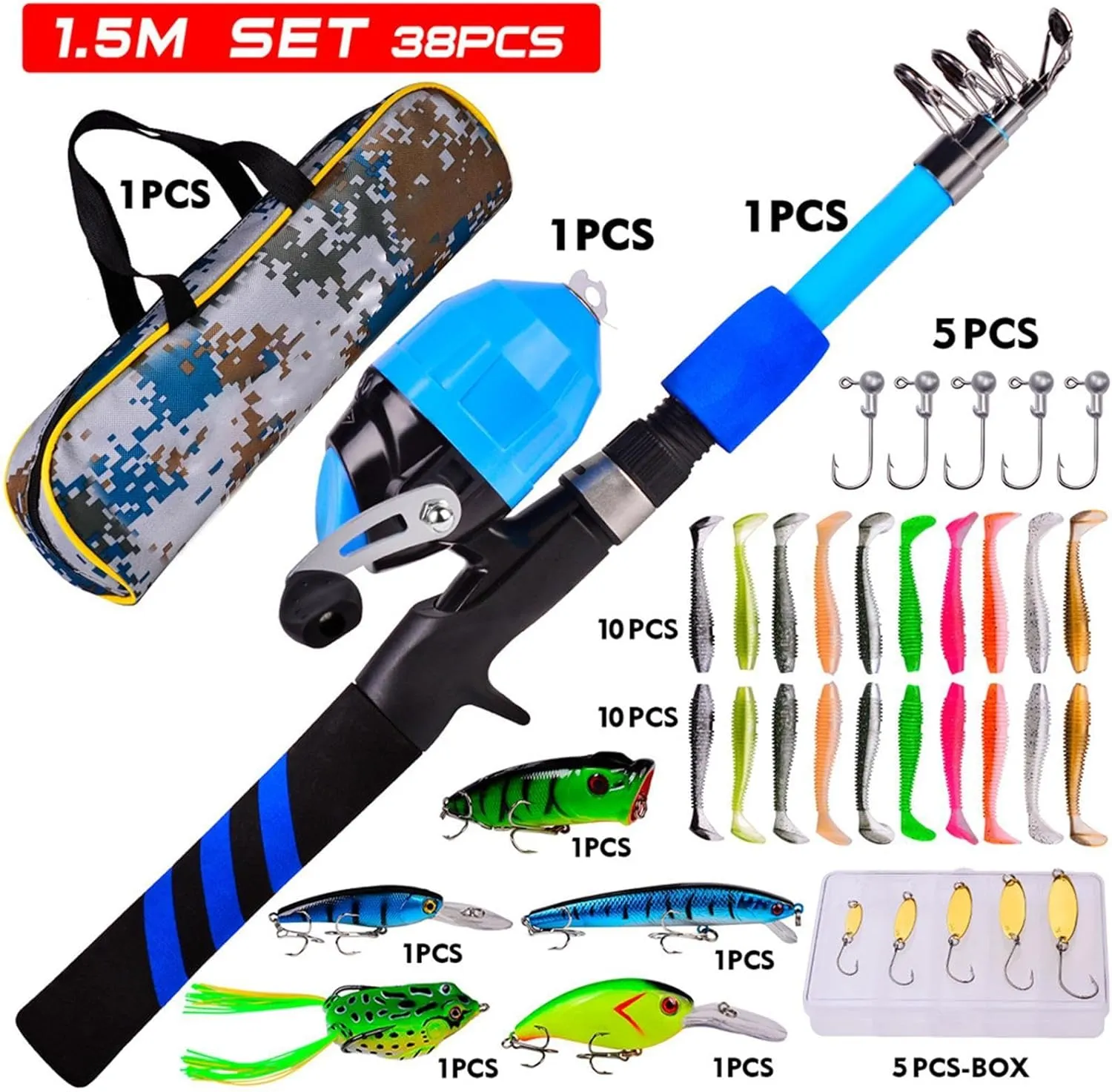 Fishing Rod for Kids,Soft Portable Telescopic Kid Fishing Pole Set - Breathable Wear-Resistant Fish Rod & Reel Combos for Camping, Hiking, Backpacking