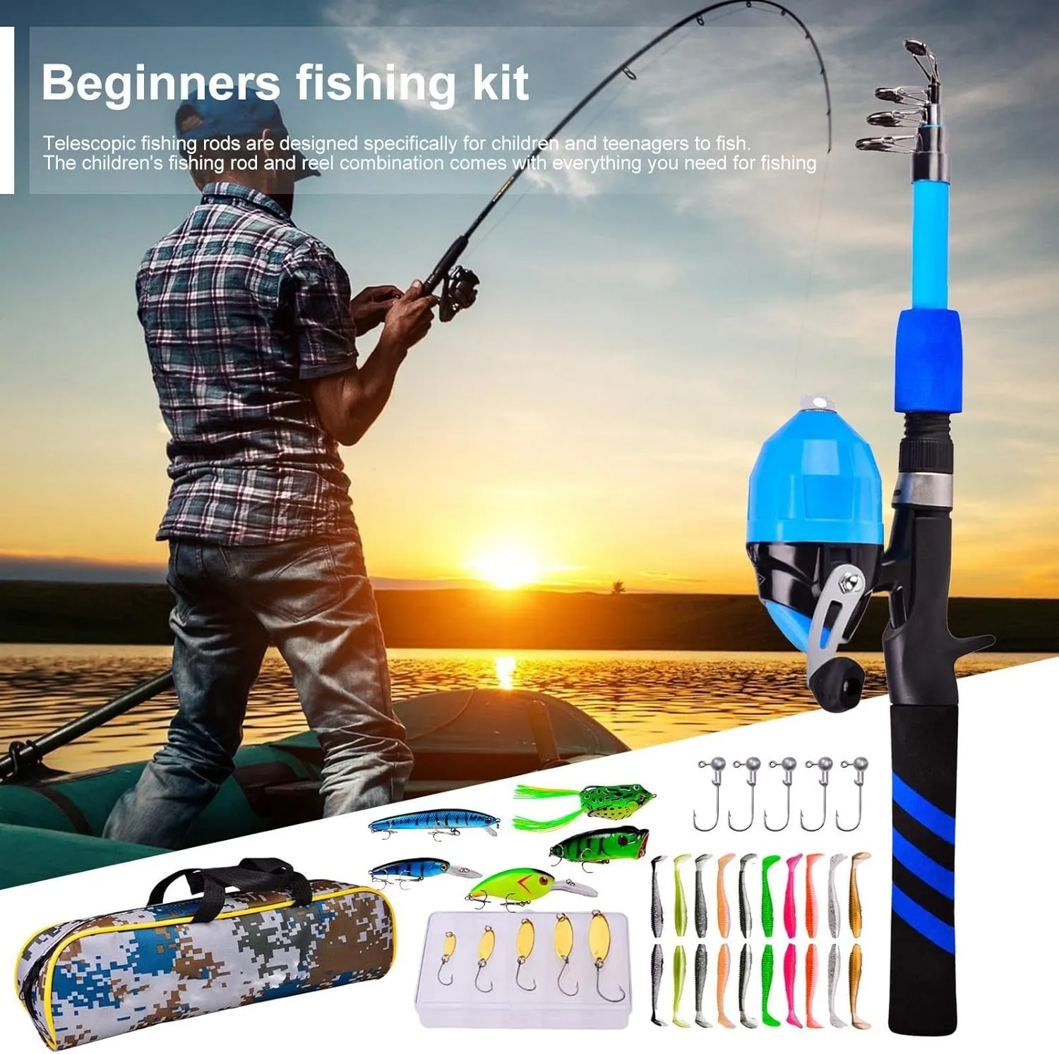 Fishing Rod for Kids,Soft Portable Telescopic Kid Fishing Pole Set - Breathable Wear-Resistant Fish Rod & Reel Combos for Camping, Hiking, Backpacking