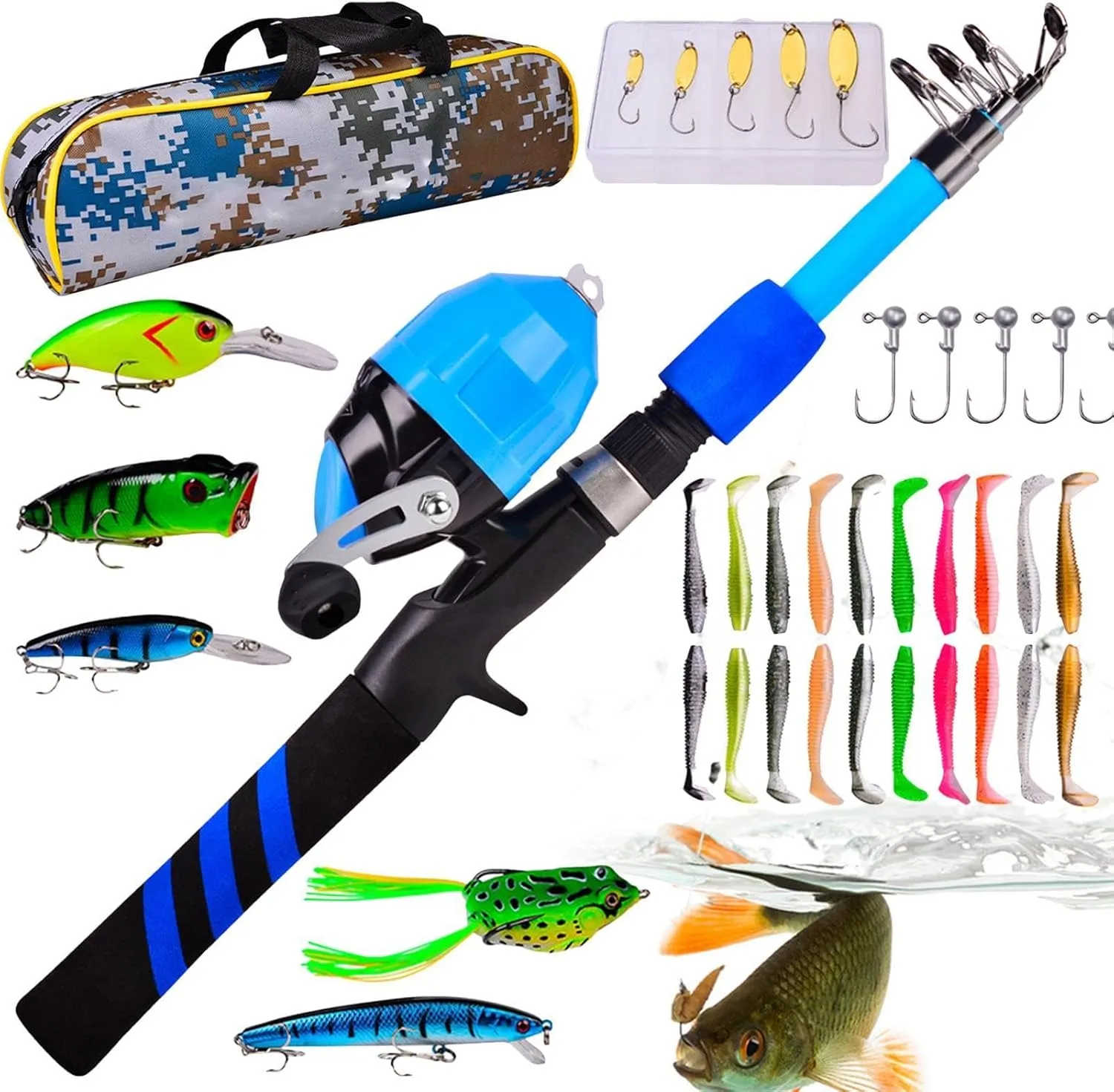 Fishing Rod for Kids,Soft Portable Telescopic Kid Fishing Pole Set - Breathable Wear-Resistant Fish Rod & Reel Combos for Camping, Hiking, Backpacking