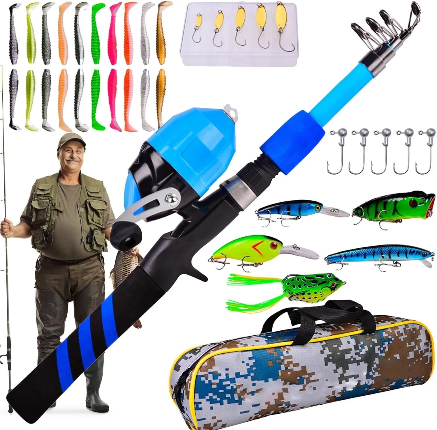 Fishing Rod for Kids,Soft Portable Telescopic Kid Fishing Pole Set - Breathable Wear-Resistant Fish Rod & Reel Combos for Camping, Hiking, Backpacking