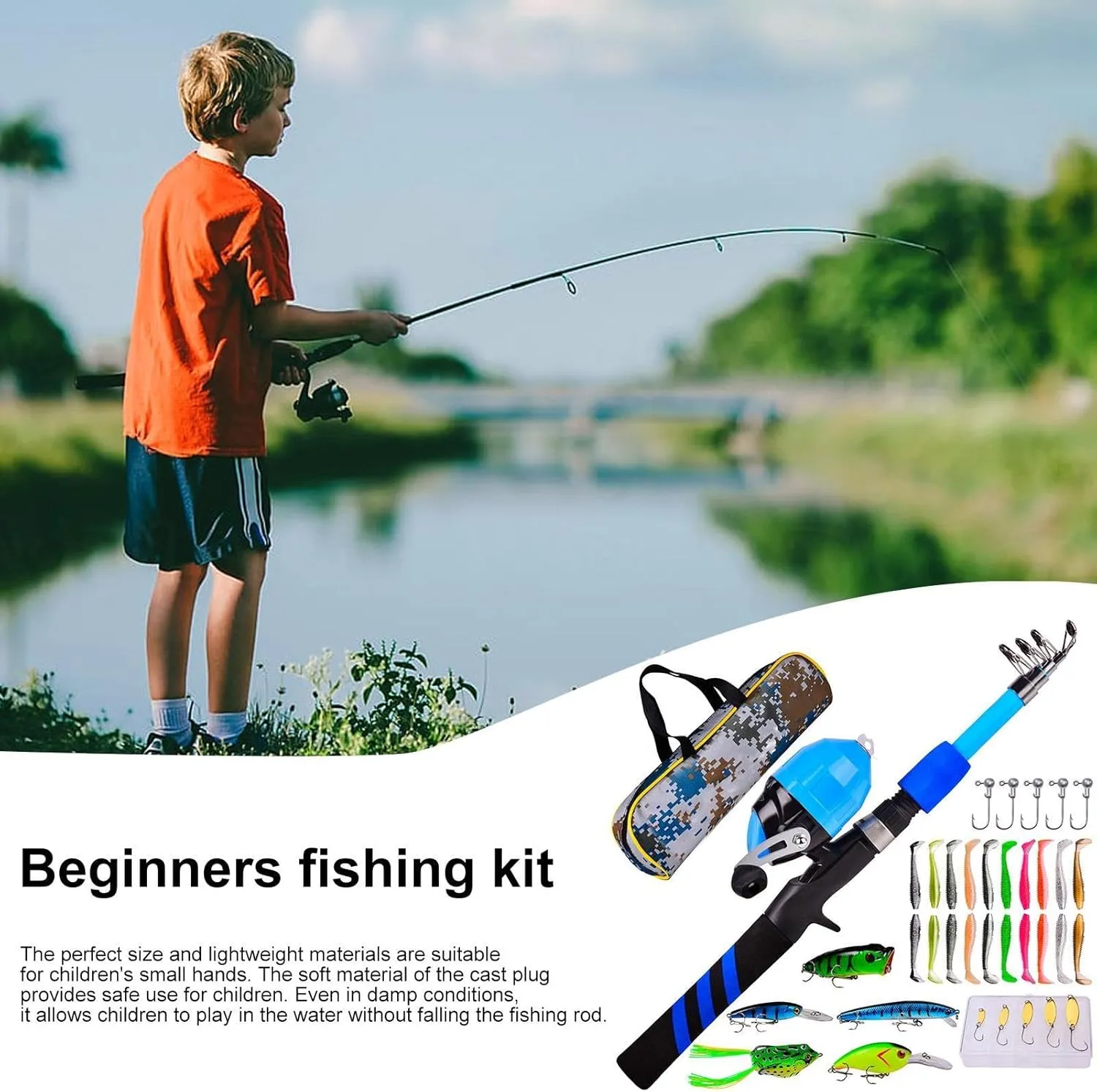 Fishing Rod for Kids,Soft Portable Telescopic Kid Fishing Pole Set - Breathable Wear-Resistant Fish Rod & Reel Combos for Camping, Hiking, Backpacking