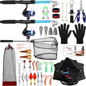 Fishing Rod Set, 6.89ft 2pcs Telescopic Rod and Reel Combo with Fishing Pliers Lip Gripper Lures Carrier Bag Pre-Loaded Spinning Reel for Travel Saltwater Freshwater Fishing Pole Kit Gear