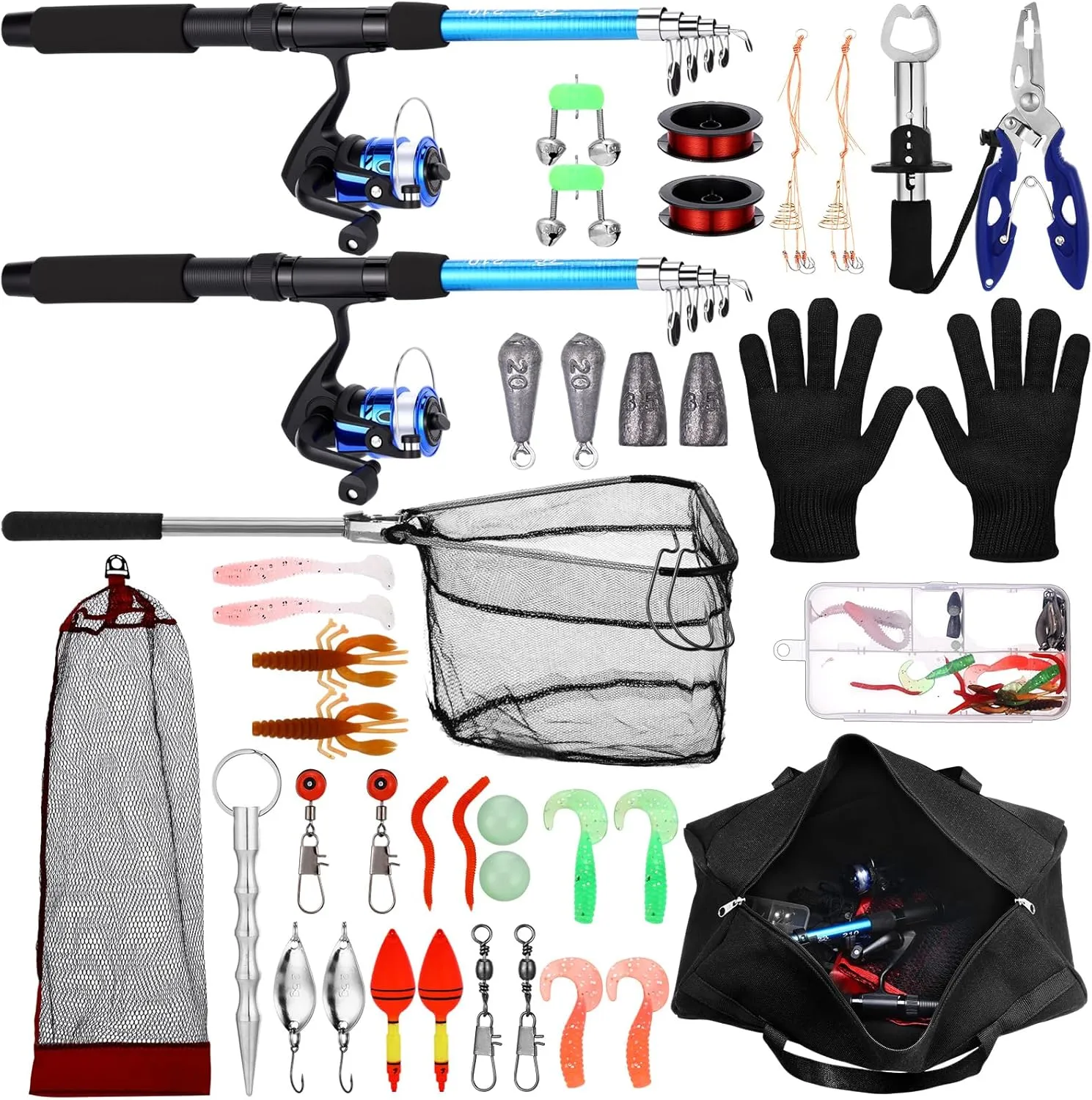 Fishing Rod Set, 6.89ft 2pcs Telescopic Rod and Reel Combo with Fishing Pliers Lip Gripper Lures Carrier Bag Pre-Loaded Spinning Reel for Travel Saltwater Freshwater Fishing Pole Kit Gear