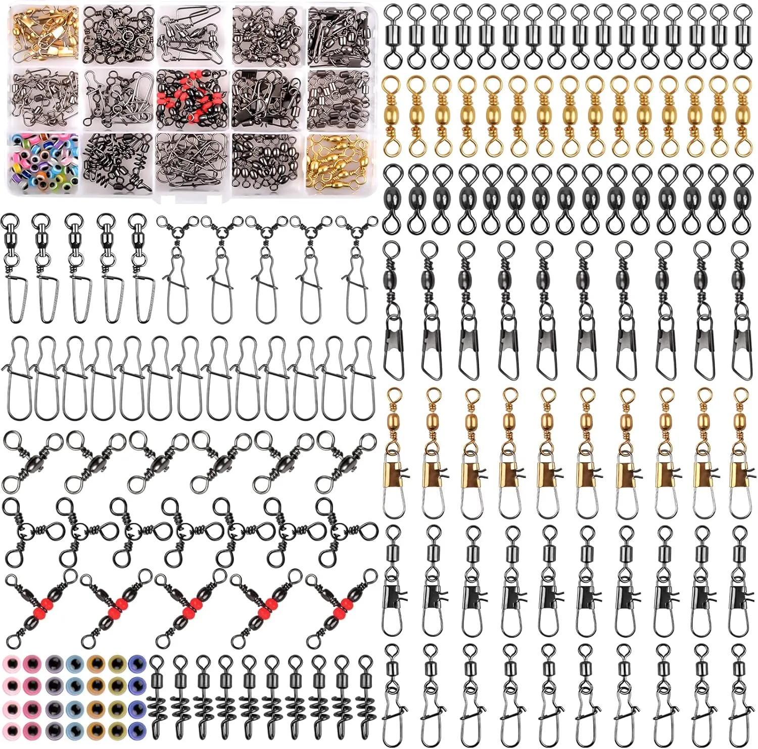 Fishing Swivels Kit 190pcs Fishing Accessories Tackle Ball Bearing Swivels, Rolling Barrel Swivel Snap, Three Way Crossline Swivel, Duo Lock Snap for Bass Trout Saltwater Freshwater Fishing Tackle